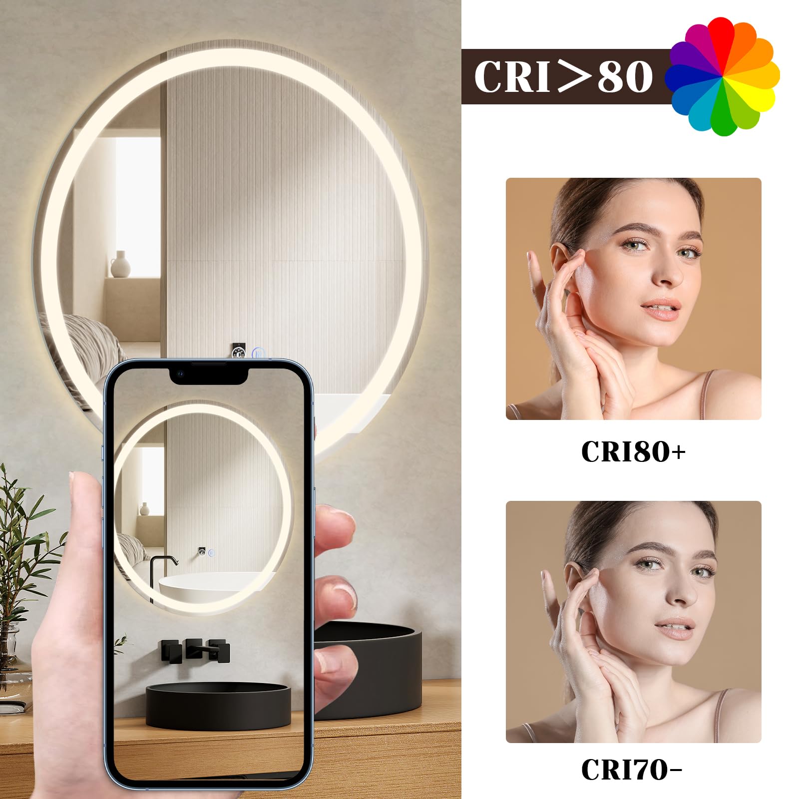 Rund Badspiegel Mit Beleuchtung - LED Bad Wand Spiegel Badezimmer Wandspiegel Mit Licht, IP44 50 cm Runder Badezimmerspiegel Bathroom Mirror Mit Beleuchtet und Entfogger-Funktion