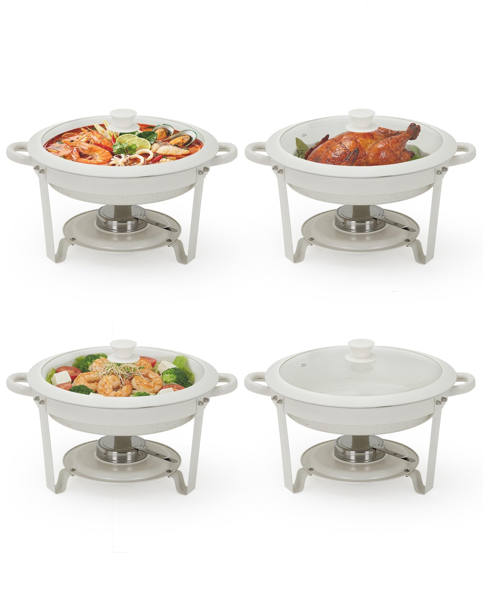 LinTimes 4PCS Maifanite Stone Coated Chafing Dish Buffet Set, 5-Litre Non-Stick Food Warmer Buffet Server with Glass Lids, Round Bain Marie Catering Serving Equipment for Weddings & Parties