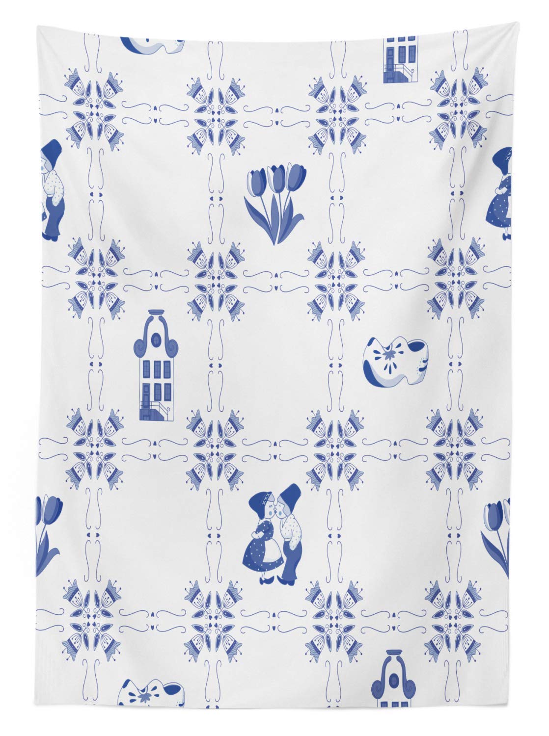 Ambesonne Vintage Blue Tablecloth, Symbolic Dutch Cultures with Clogs Canal Houses and Tulips, Rectangular Table Cover for Dining Room Kitchen Decor, 52