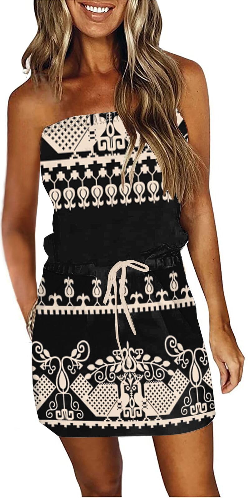 SAUKOLE Summer Dress for Women Strapless Beach Cover Ups Boho Sundress Mini Dress Drawstring Waist with Pockets