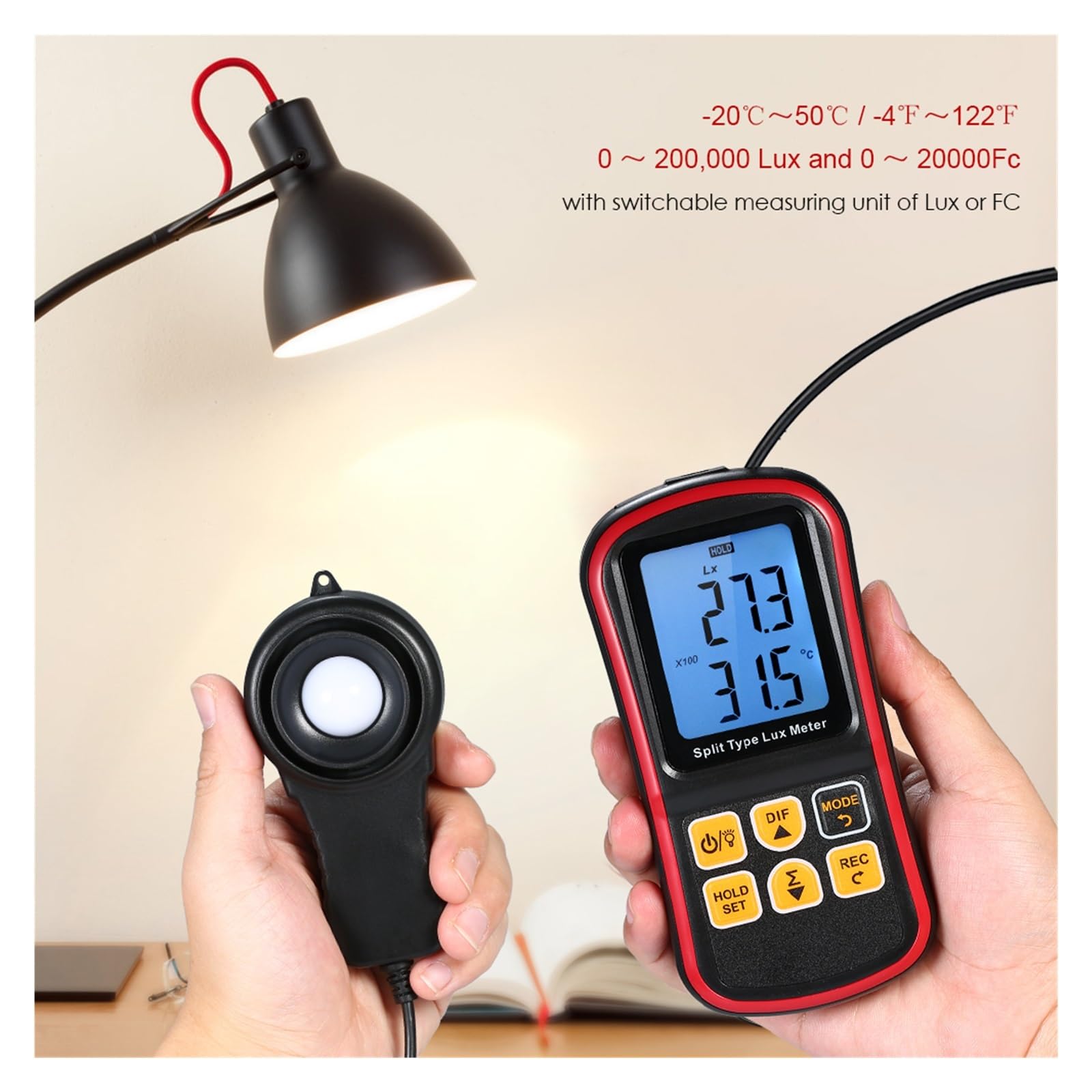 Luxmètre Numérique BT Photomètre Type Divisé LCD Illuminomètre Portable Compteur De Lumière Connexion Application Mobile Mode Maintien des Données Mesure Précise De La Lumière