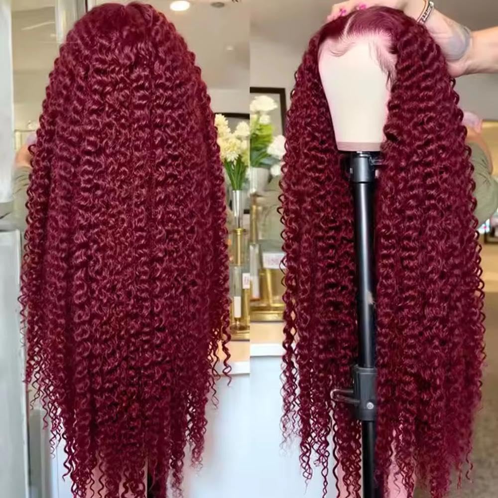 Haarpflege Kinky Curly Red Burgundy Farbe 13X4X1 Full Lace Frontal Perücke Prepuck Bleach Knot Glueless Perücken(24inches)