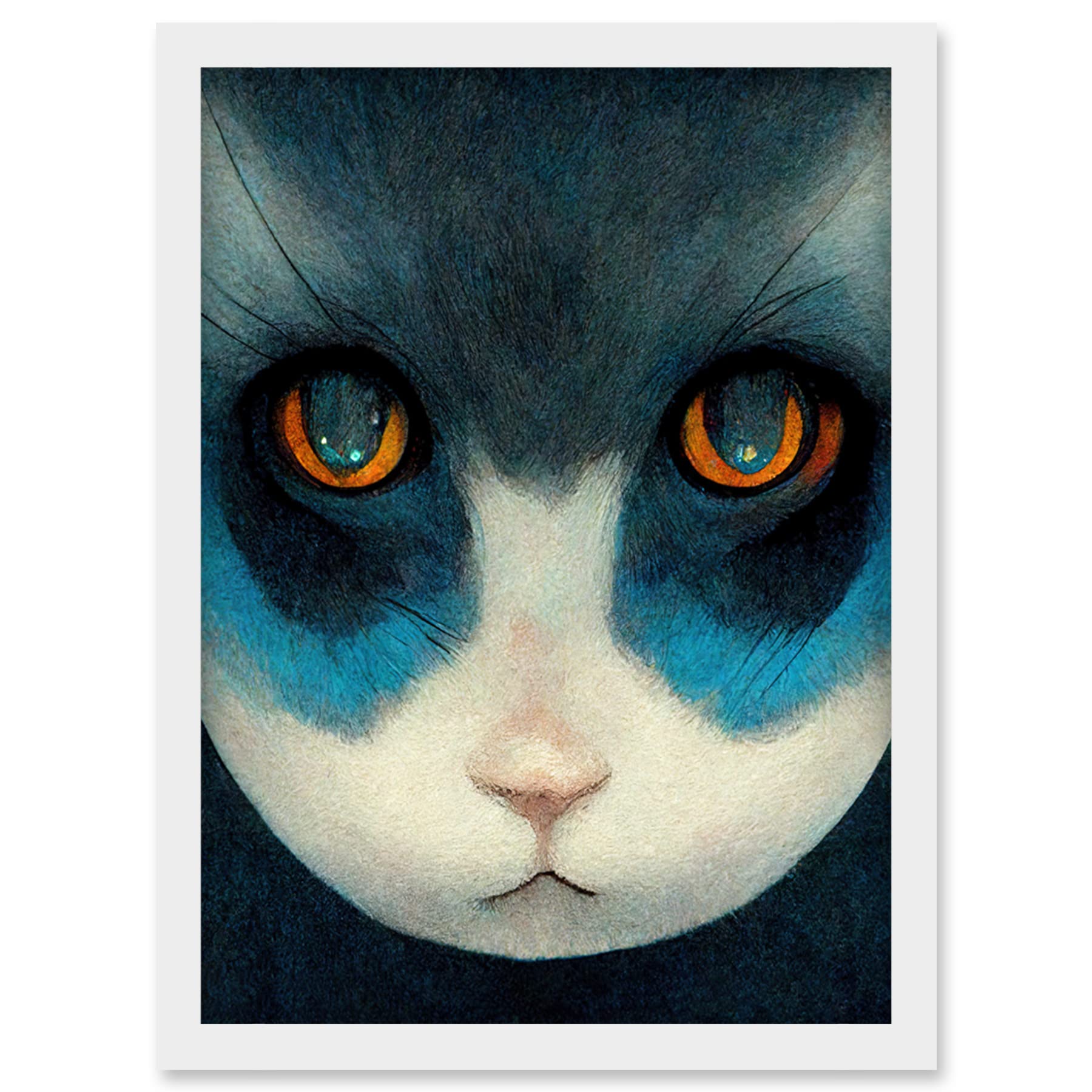 Framed Wall Art Print A4 - Nihonga Style Japan Cat Blue Artwork - Artery8