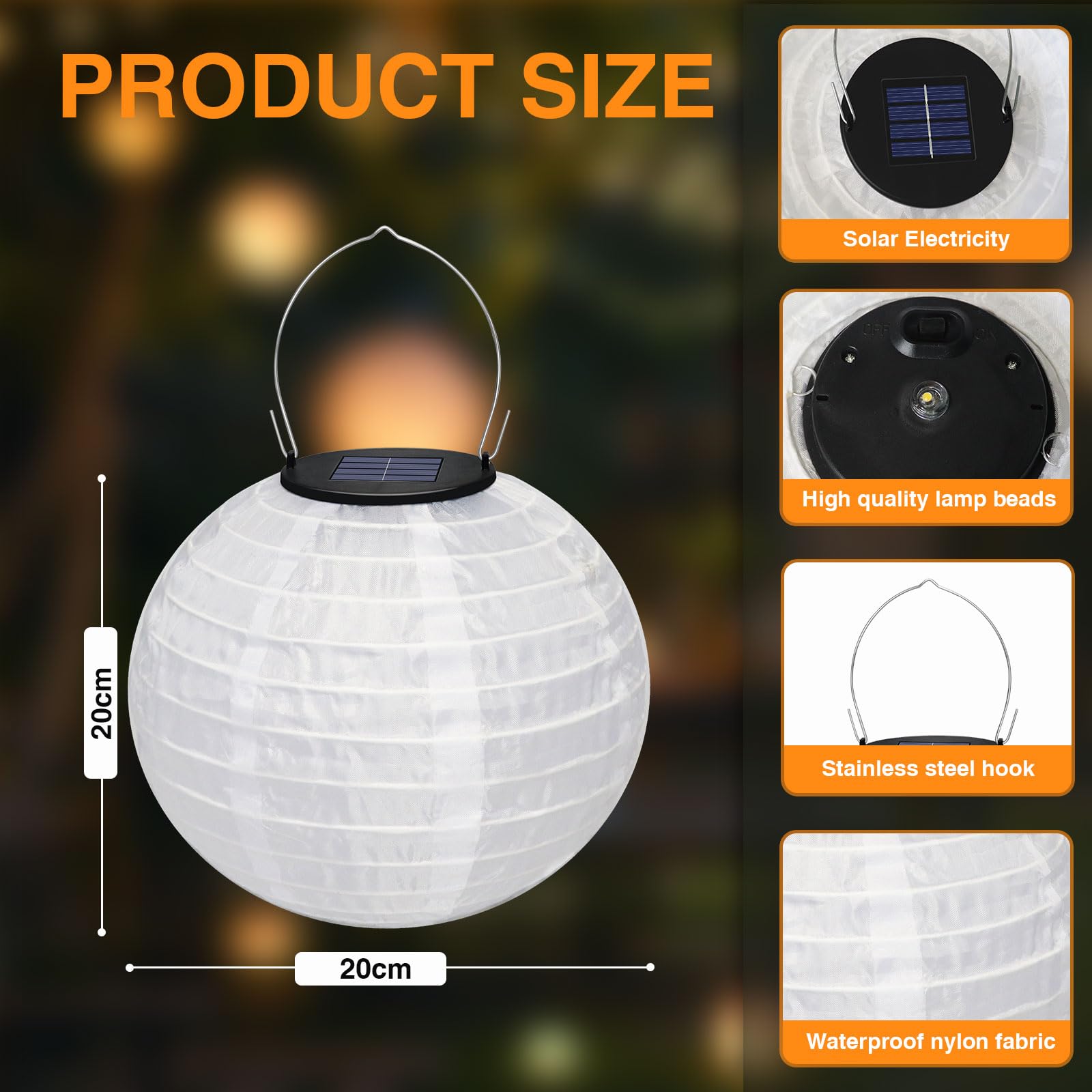 4 Pezzi Luci Solari Lanterne da Esterno, Lanterne Solari Impermeabili da Appendere, 20CM, Luci Solari in Nylon per Patio, Terrazza, Giardino, Matrimonio, Festa di Natale (Bianco Caldo)