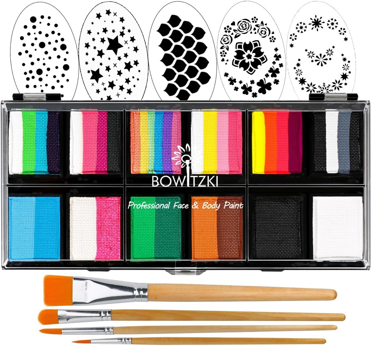 12 x 10 gm Face Paint Professionele Gezichtsschilderset voor kinderen en volwassenen, met stencil One Stroke Split Cake Niet giftig, regenboog, flora, Dolfijn, Eenhoorn, Flame, Body Paint