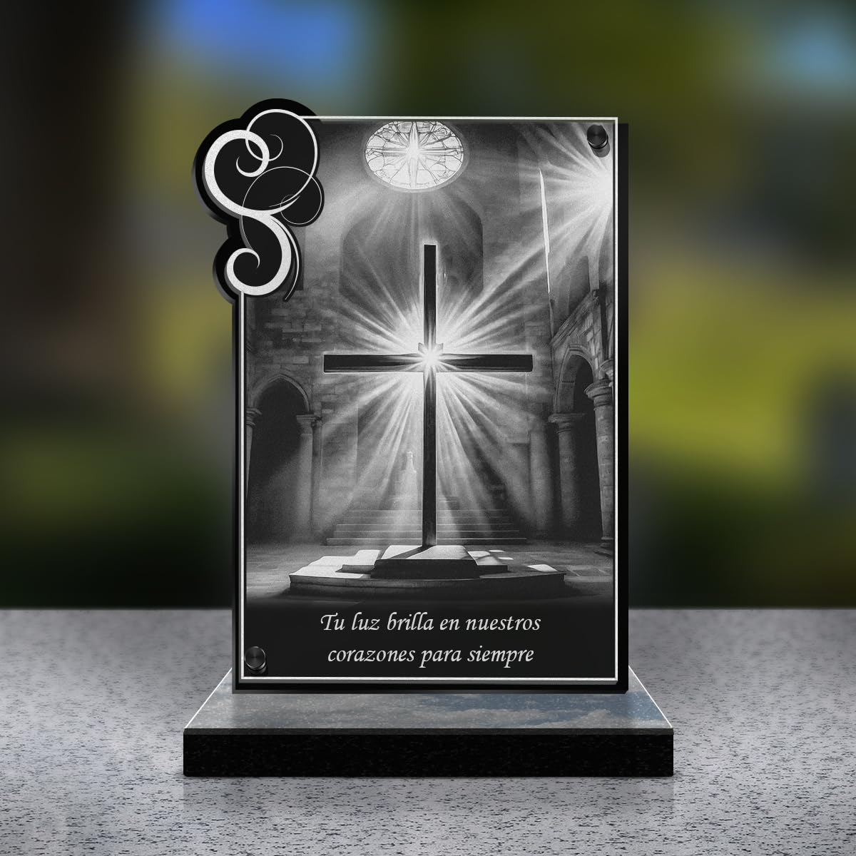 Eternel - Placa Funeraria Personalizada Marco Adornos - Cruz Cristiana, Iglesia, Cristiano - Texto Personalizable, Placa Funeraria Grabada con Láser, Homenaje, Placa Cementerio Mortuorio Funerales