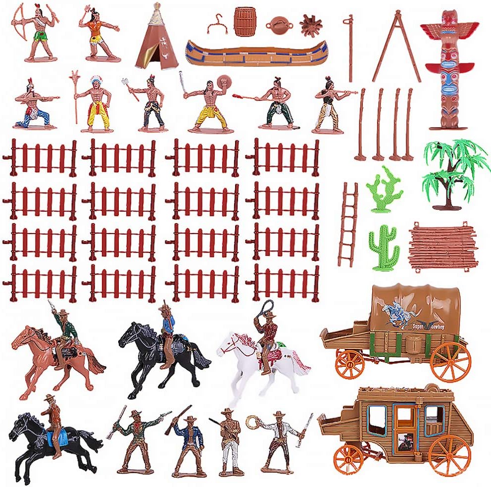 TOYANDONA 43 Piezas Plásticas Indias Figuras Playset Toy Wild West Cowboys Y Figuras Nativos Americanos Figuras de Plástico Soldados Juguete para Niños Favor