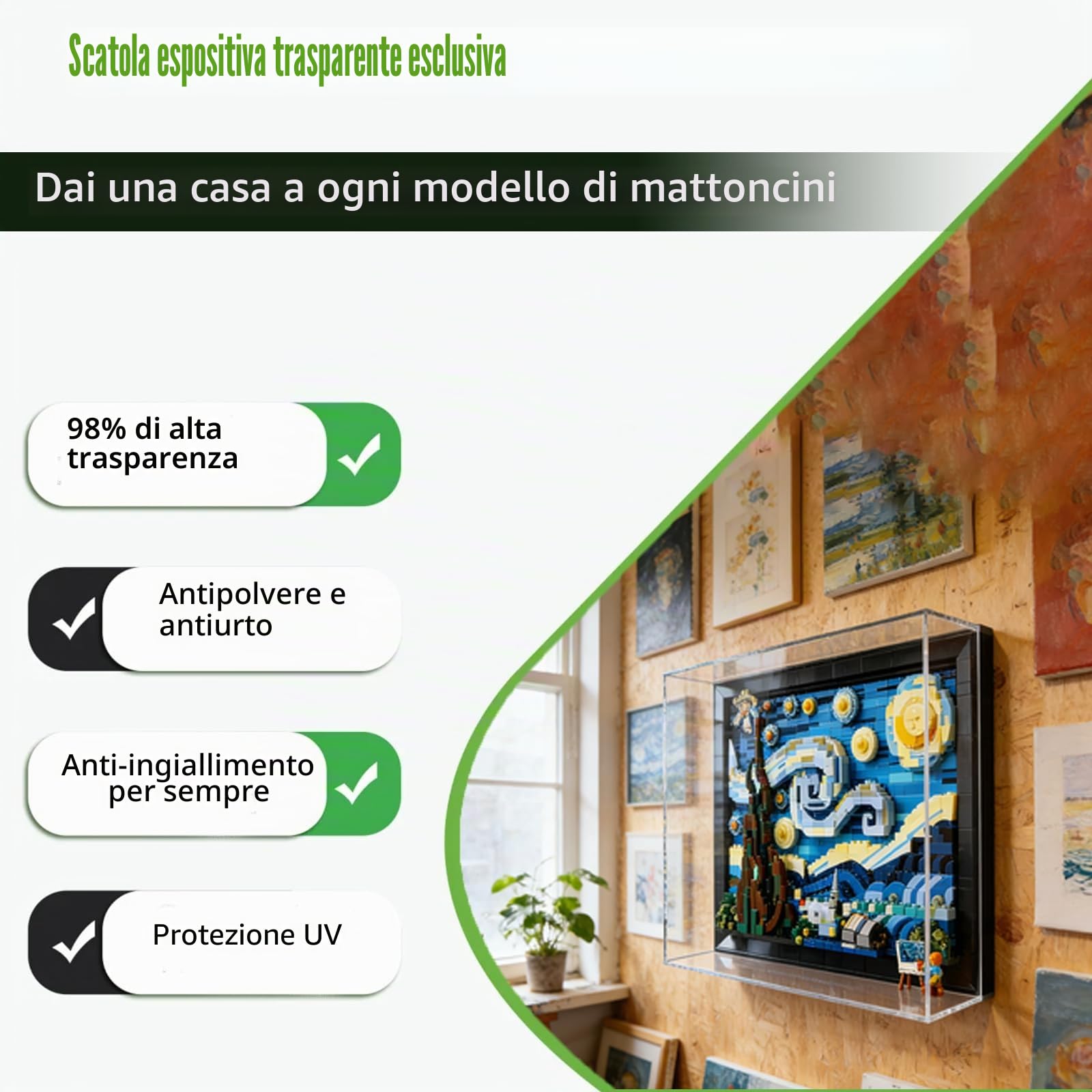 Supporto da parete per LEGO 21333 Van Goghs Notte stellata, vetrina trasparente antipolvere, supporto da parete integrato (modello non incluso)