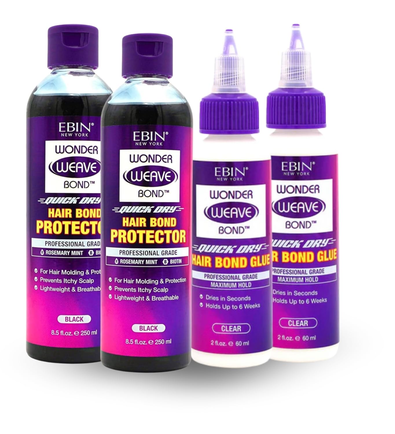 Wonder Weave Bond Hair Protector (Black) 8.5 oz Bundle with Hair Bond Glue (Clear) 2 oz by EBIN NEW YORK – Protective Shield & Secure Hold – Seamless Weave Bonding – Gift Set (4 Items)