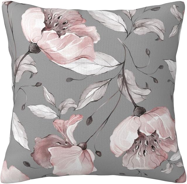 Janleap Watercolor Spring Pink Flowers Throw Pillow Case Grey Leaves Floral Cushion Cover Throw Pillow Cover Home Decorative for Living Room Sofa Couch Bed Pillowcase 18x18 inch