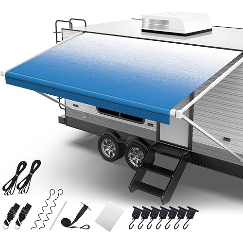 RV Awning Fabric Replacement, 19.5oz Heavy Duty Vinyl, with Tie Down Kits & 7 Hooks & Pull Strap for Trailer Camper Awning- 15'(Fabric 14'2"), Blue Fade
