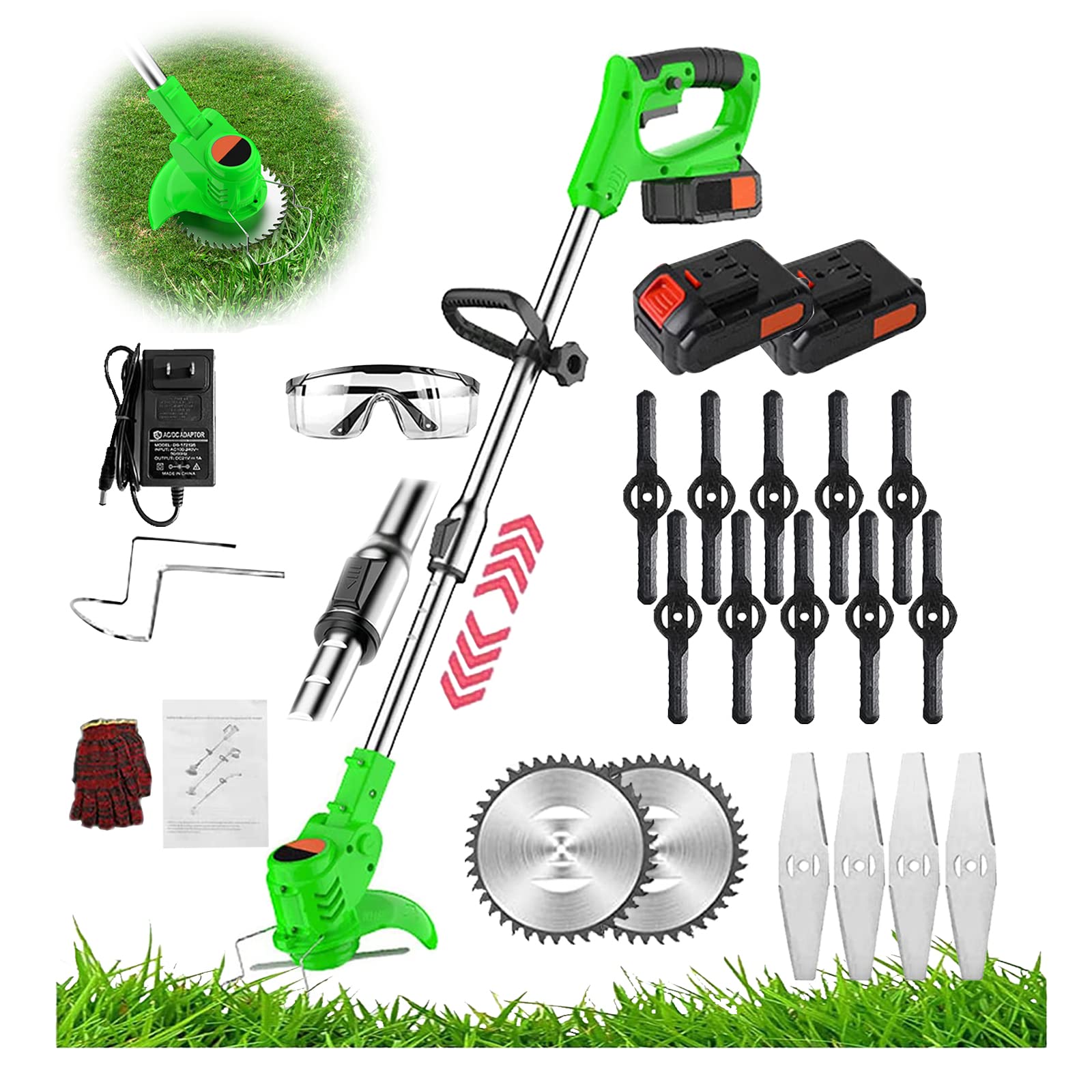 Electric Weedeater 24v Weed Eater Battery Powered Electric String Trimmer Cordless Weed Cutter with 2pcs 2ah Batteries and 3 Types Blades, Lawn Edger Lightweight and Powerful for Garden and Yard