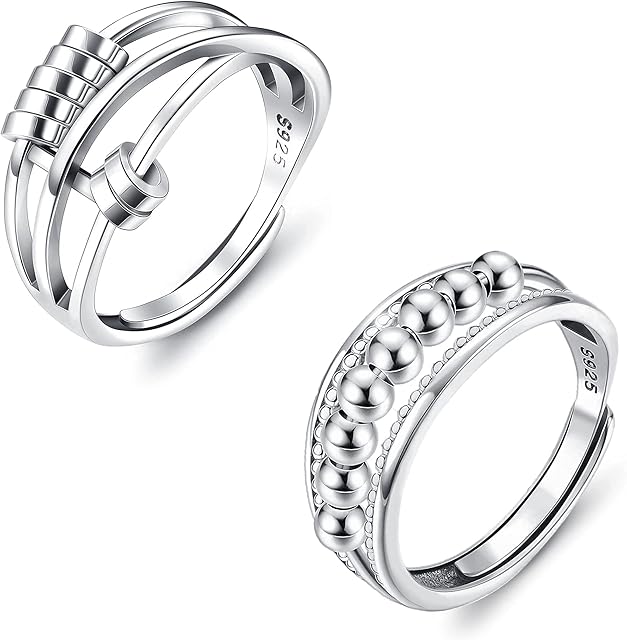 MILACOLATO 925 Sterling Silver Anxiety Ring for Women Men Fidget Peace Rings for Anxiety Stress Reliever Spinner Ring Retro Adjustable Band Rings Anxiety Relief Spinning Ring