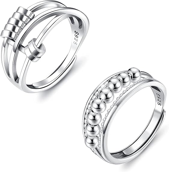 Bague Anxiete Femme Bague Anti-stress Glintara En Argent 925 - Anneau Réglable Pour L'anxiété Avec Perles Tournantes Bague Anti Stress Femme