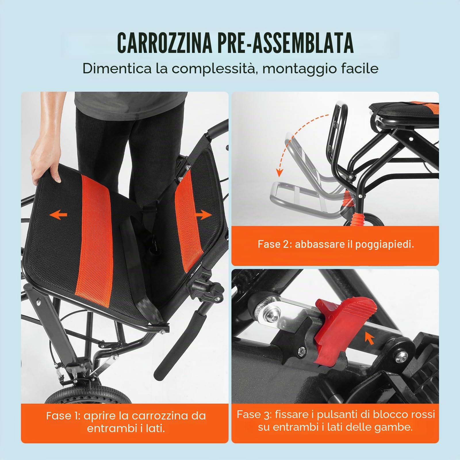 VEVOR Sedia a Rotelle Pieghevole per Adulti, Sedia da Trasporto Ultraleggera, con Braccioli Ribaltabili Lunghi Quanto Una Scrivania, Freno Autobloccante, Sedile Largo 45,72 cm Capacità di Peso 100 kg