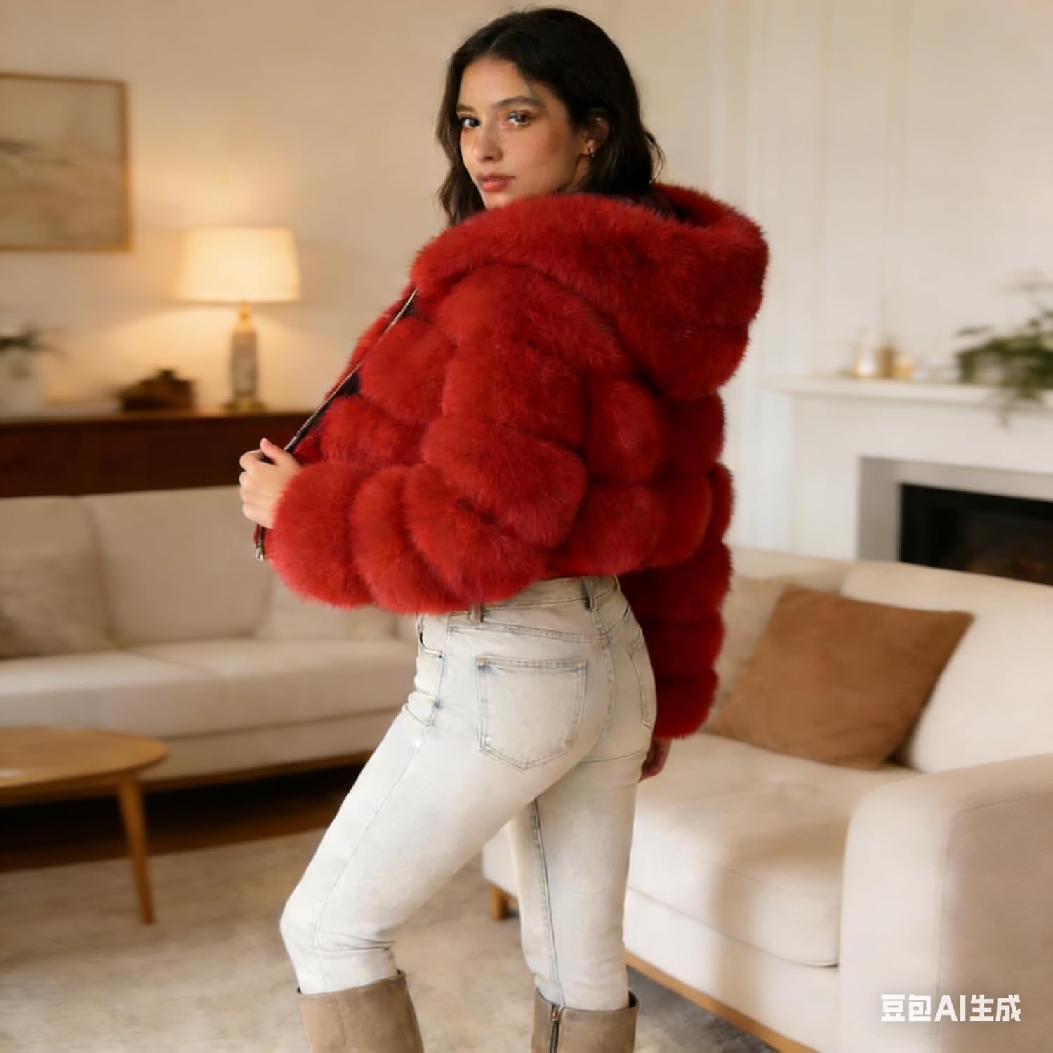 Women Short Faux Hooded Warm Furry Splicing Jacket Long Sleeve Outerwear - Image 5