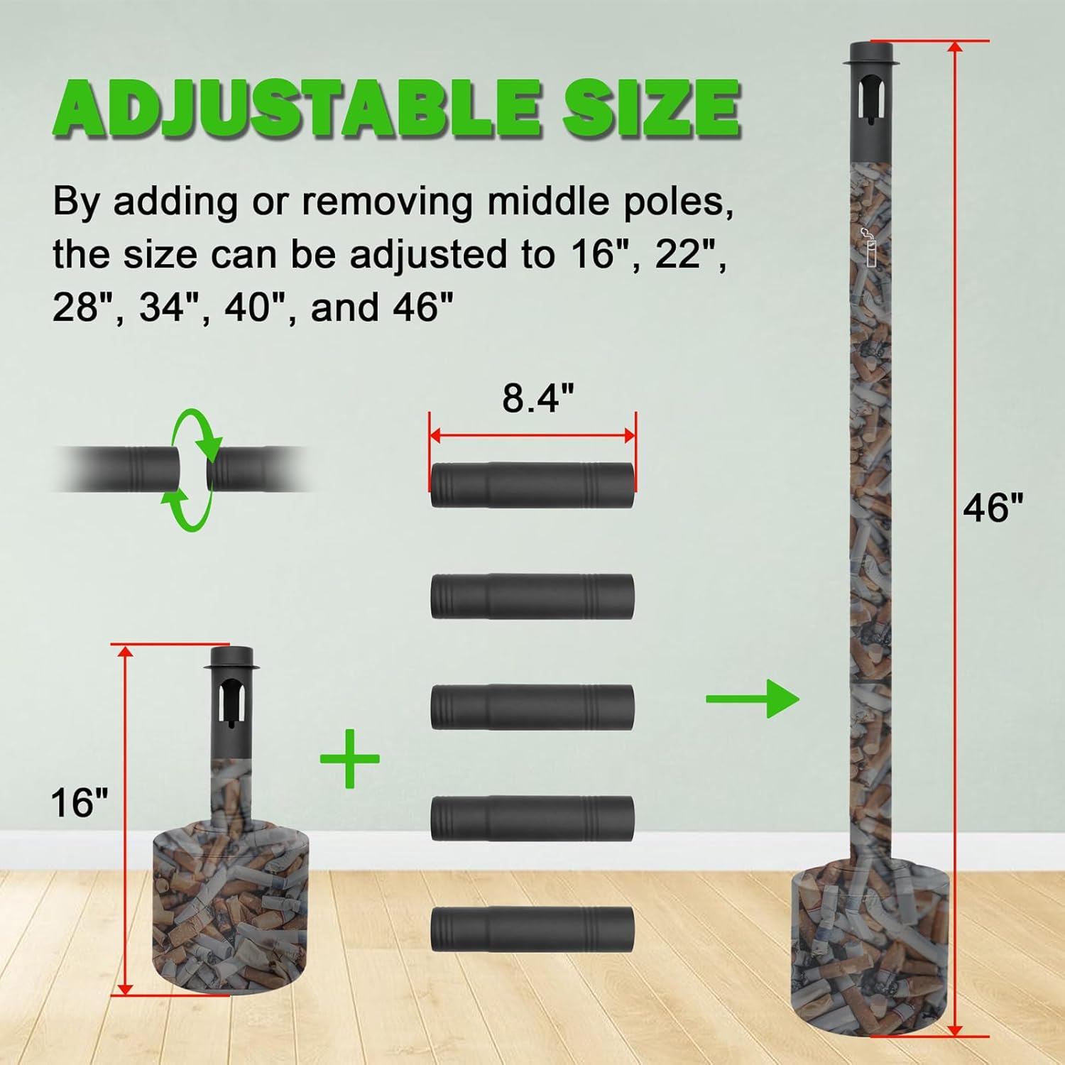 Cigarette Butt Disposal Outdoor, Standing Ashtrays for Outside Patio Stainless Steel Outdoor Ashtray Cigarette Butt Container, 7" Diameter x 46" H