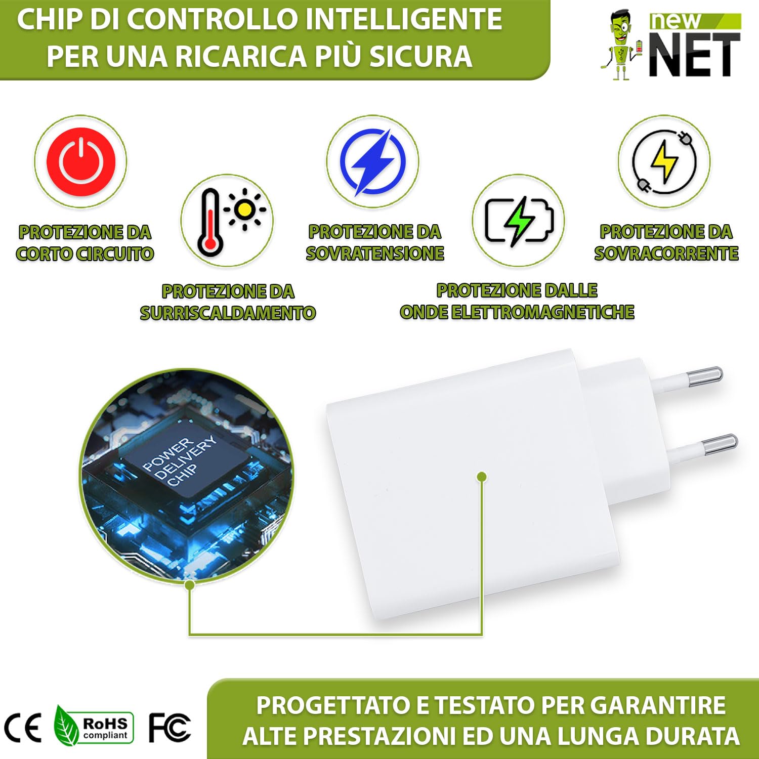 New Net - Alimentatore USB-C 61W compatibile con Huawei, per smartphone, tablet, auricolari, wearables, design slim portatile universale compatto