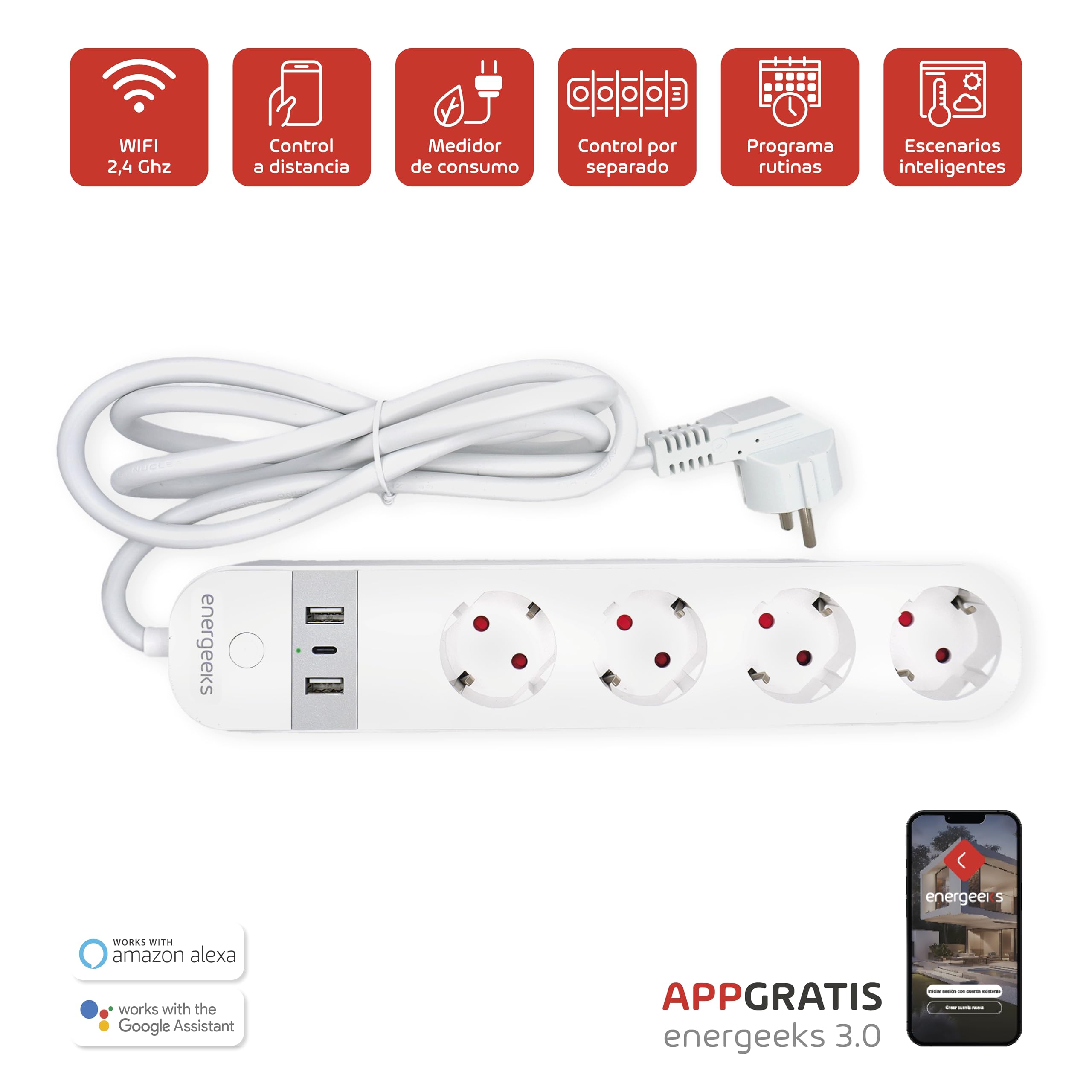 Energeeks - Regleta Enchufe WiFi Inteligente - Medidor de Consumo Integrado - 4 Entradas - 2 USB - 1 USB-C - Tipo Schuko - 2,4 GHz - 16A/3680W - 240V/60Hz - App Móvil - Compatible con Alexa y Google