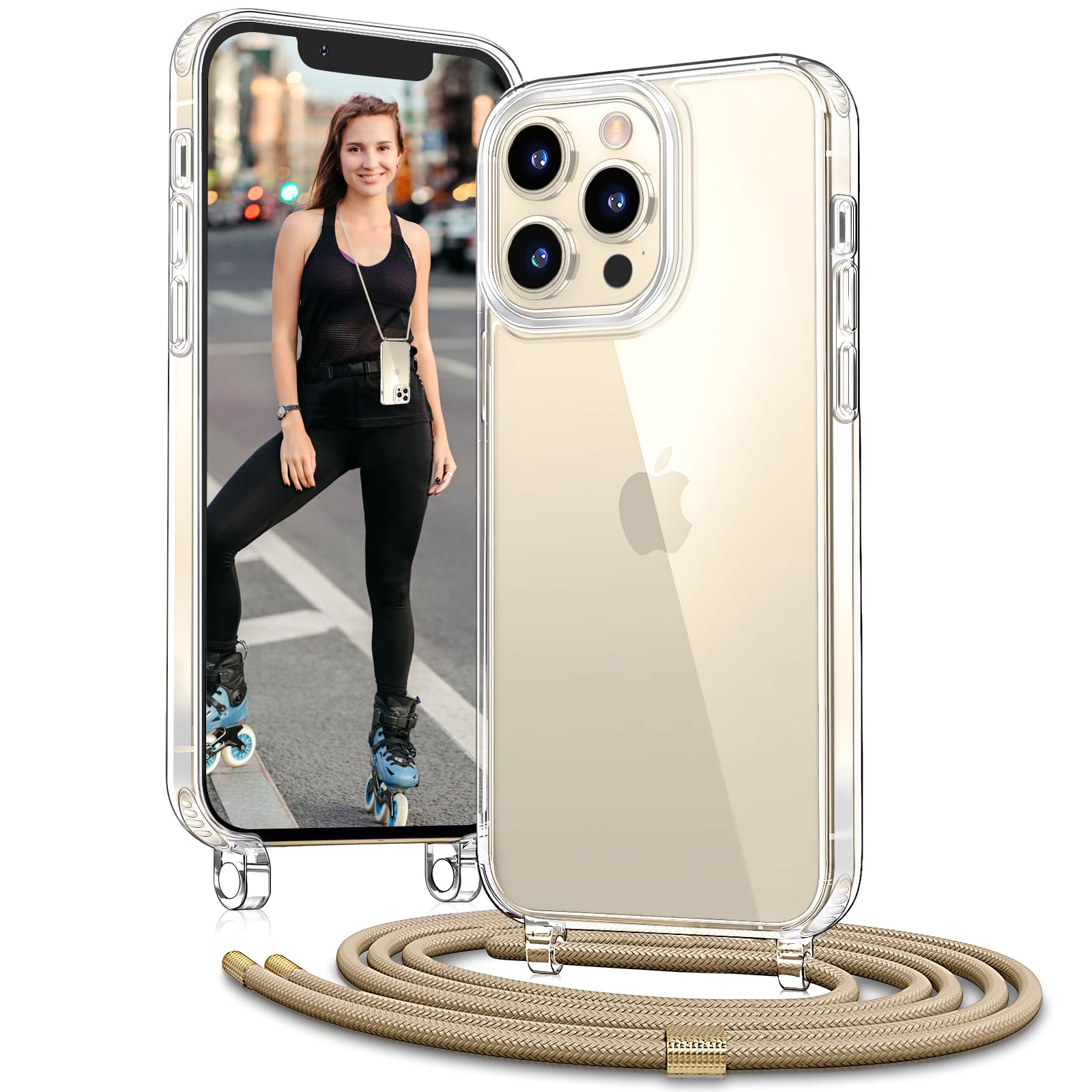 Vaykwo Handykette mit Band für Apple iPhone 14 Pro Hülle - Necklace Handyhülle - Transparente Case zum Umhängen mit Kameraschutz und Bildschirmschutz - Schwarz | Necklace Handyhülle, Transparente Case zum Umhängen, Verstellbar und Abnehmbar