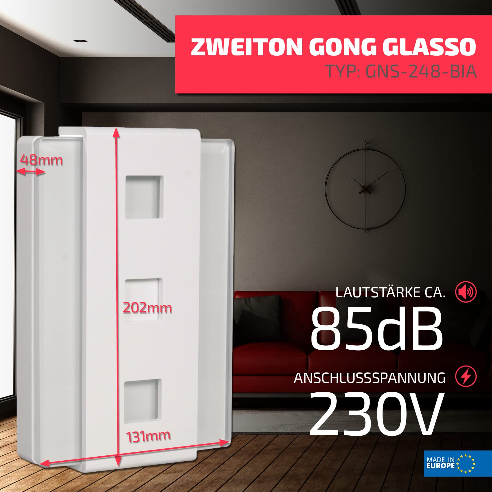 Sundi - Elektromechanischer Kabelgebundener Gong 230V, zu Bedienen Kunststoff, Zwei-Ton Bim-Bam, Lautstärke von 85 dB, Weiß GNS-248-BIA