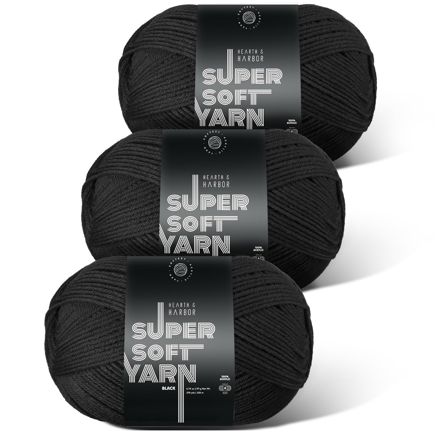 Acrylic Yarn for Crocheting &amp; Knitting – Soft Crochet Yarn for Crocheting, 3 Pack of 370 Yards, Perfect for Crafts &amp; Amigurumi, Medium Worsted Weight 4, Black