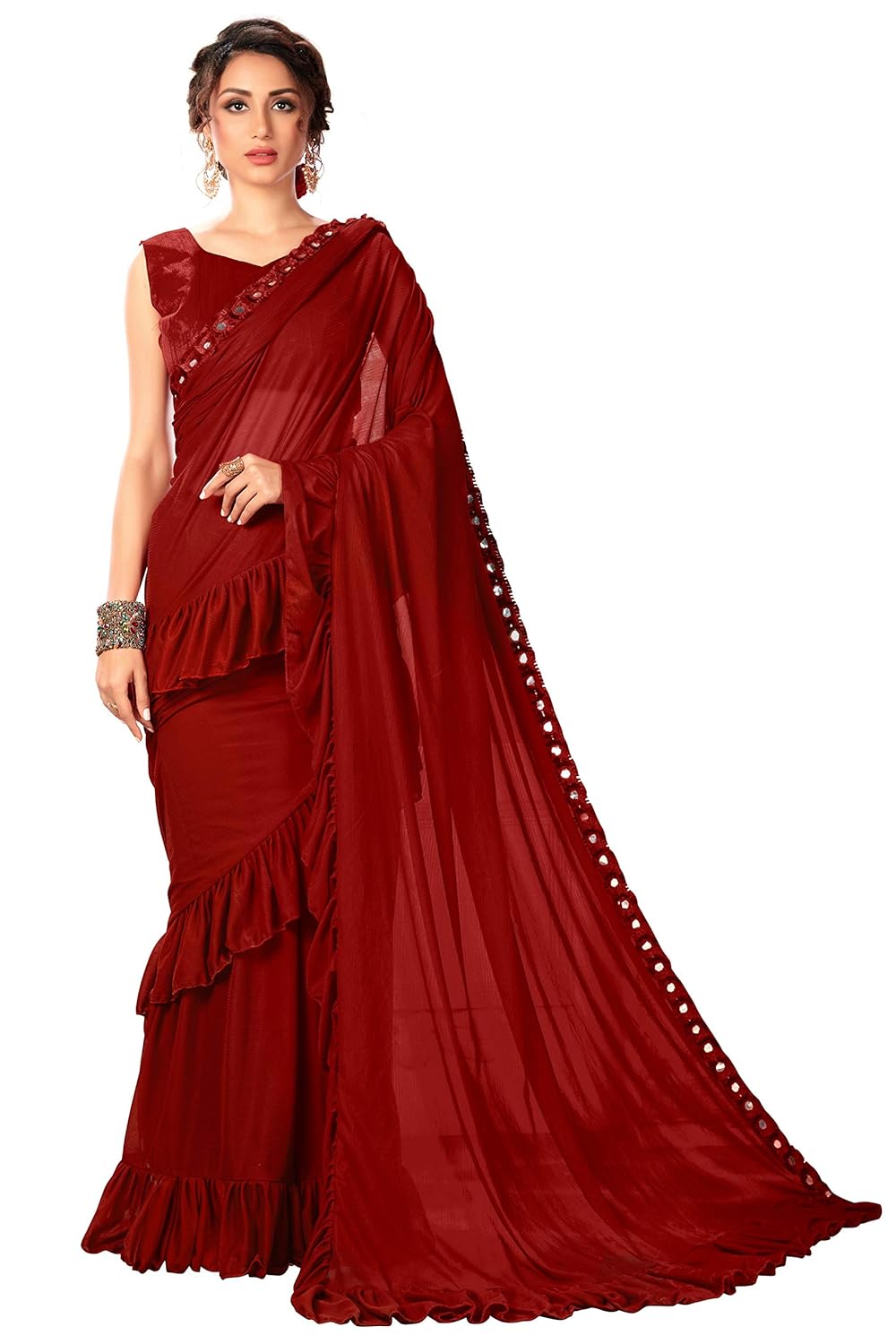Glory Sarees Women’s Ruffle Saree Lycra Fabric With Blouse Piece Glory Sarees Women’s Ruffle Saree Lycra Fabric With Blouse Piece