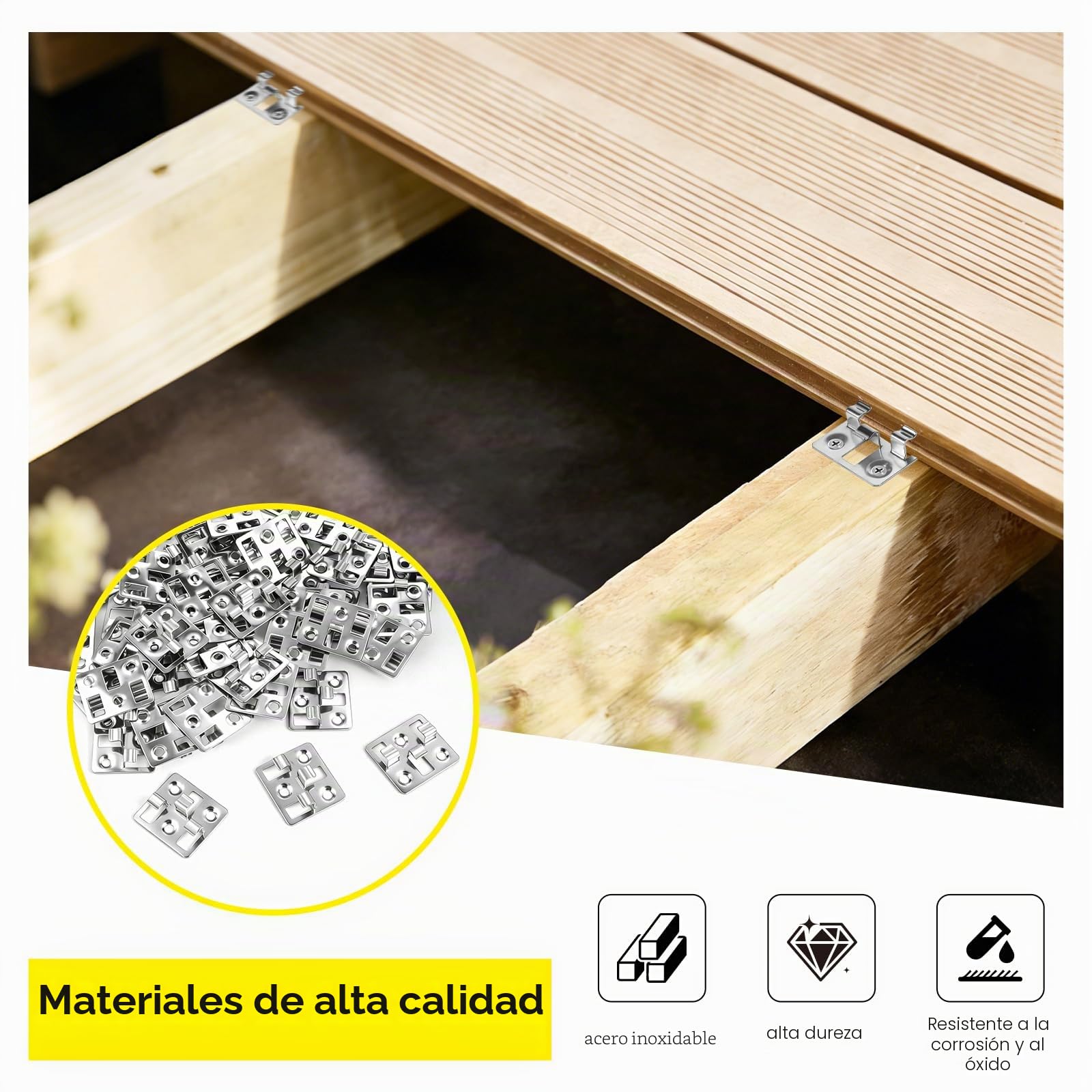 100 unidades Clips de fijación para tarimas WPC en acero inoxidable, Clips ocultos, Separadores para fijación de tarimas WPC/BPC (Plateado, Espacio 3mm, Altura 7mm)