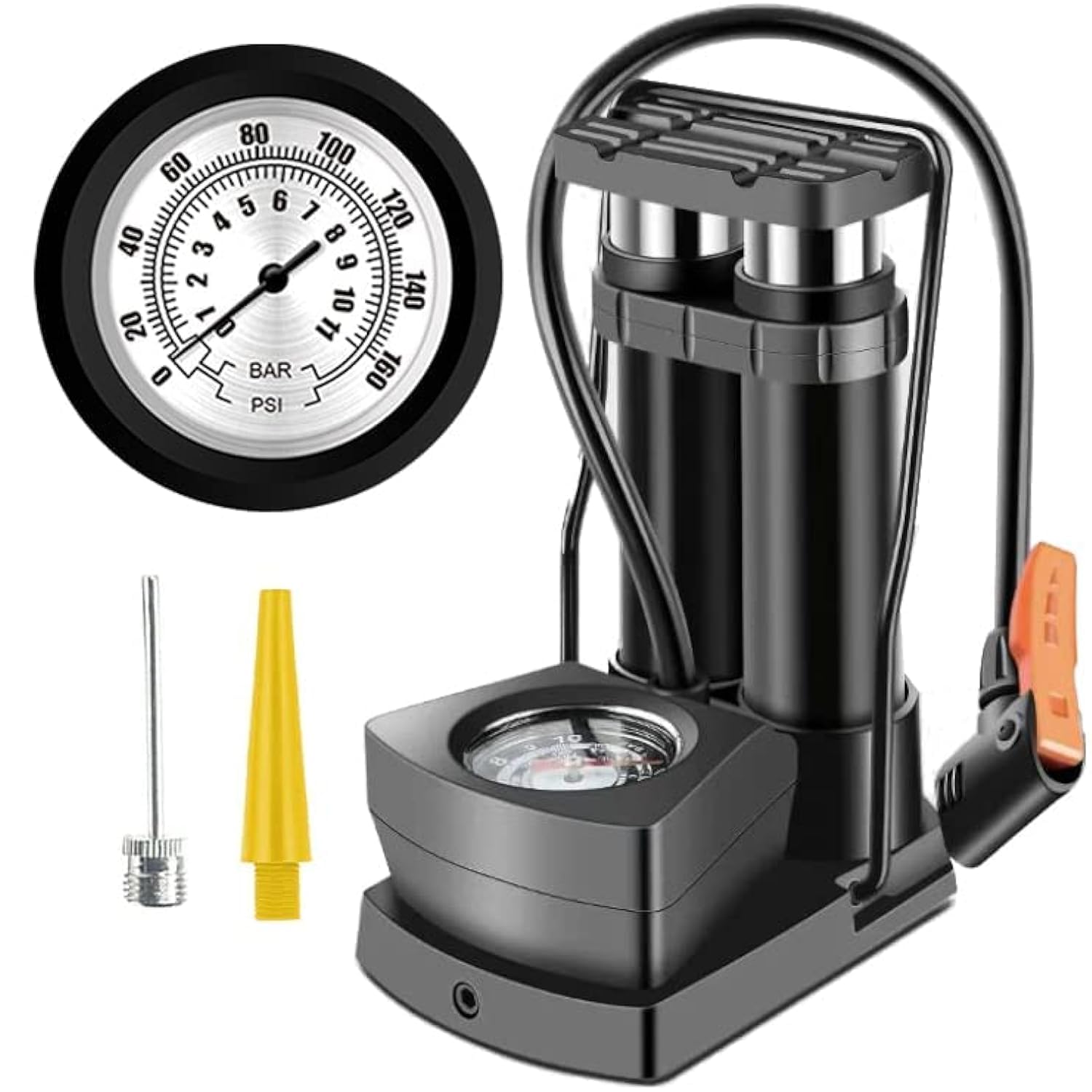 Double Barrel Foot Pump, Double Cylinder Bike Pump Portable Bicycle Pump Bike Floor Air Inflator Pump Bicycle Tire Pump with 140PSI Pressure Gauge & Smart Valve Head for Car, Bicycle and Toys