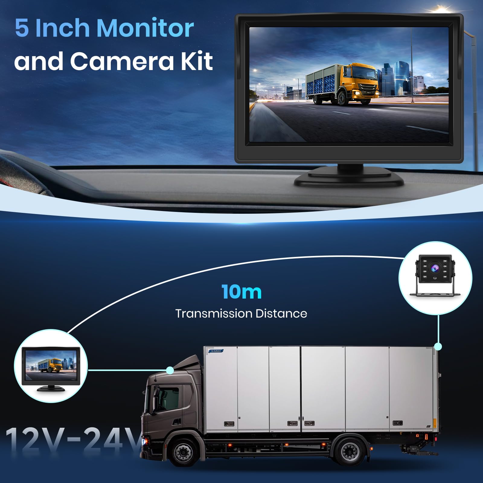 VECHTE Cámara Marcha Atras 5 Pulgadas IPS HD Monitor 1 Cámara Trasera Coche de Visión Nocturna Imperme IP68 para Coche Camiones Autobuses Furgonetas Camiones, 10m Cable