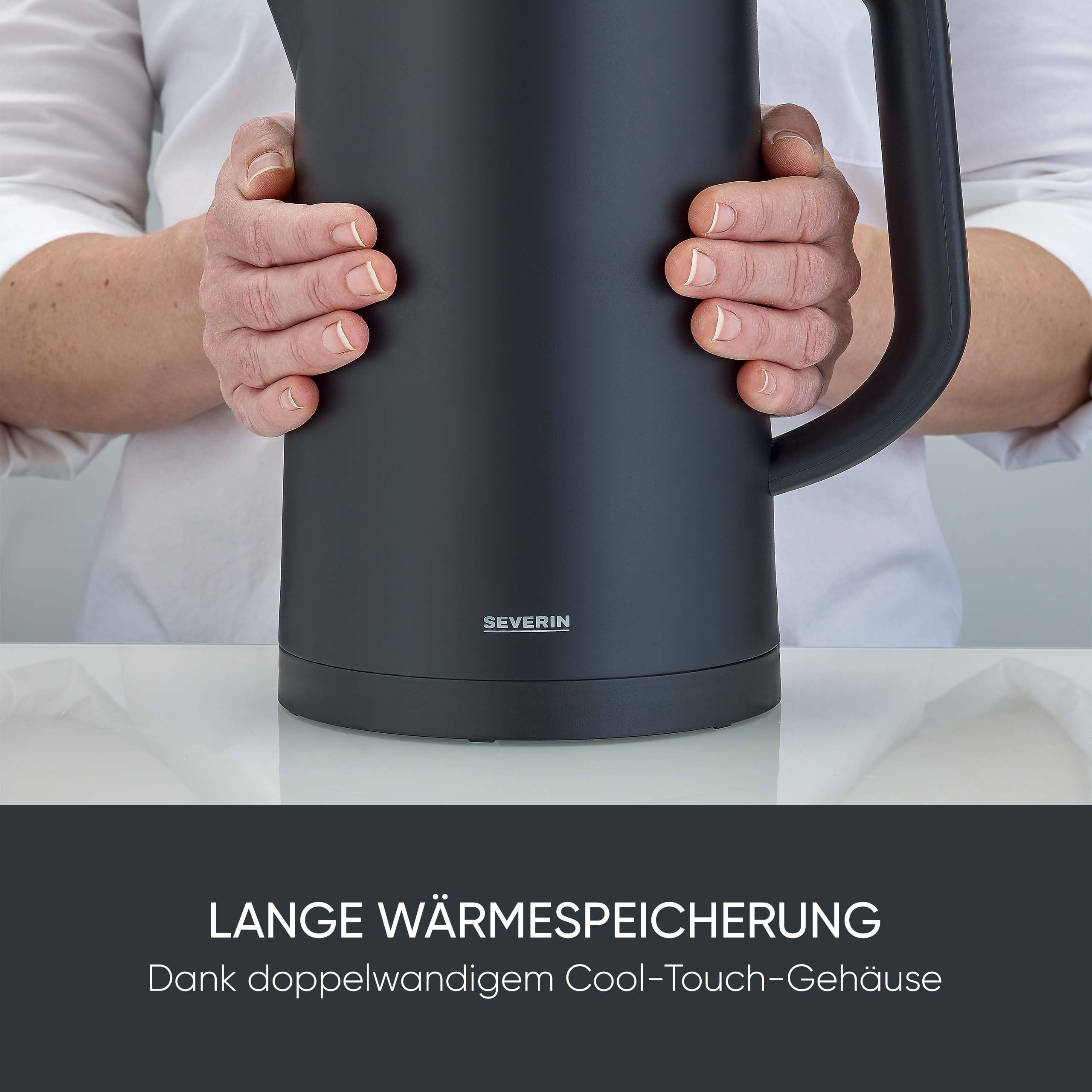 SEVERIN Cool-Touch Wasserkocher, doppelwandiger Wasserkocher, farbige LED-Temperatur-Rückmeldung im Griff, mit Warmhaltefunktion und Abschaltautomatik, schwarz, 1,7 L Kapazität, 2.200 W, WK 3484