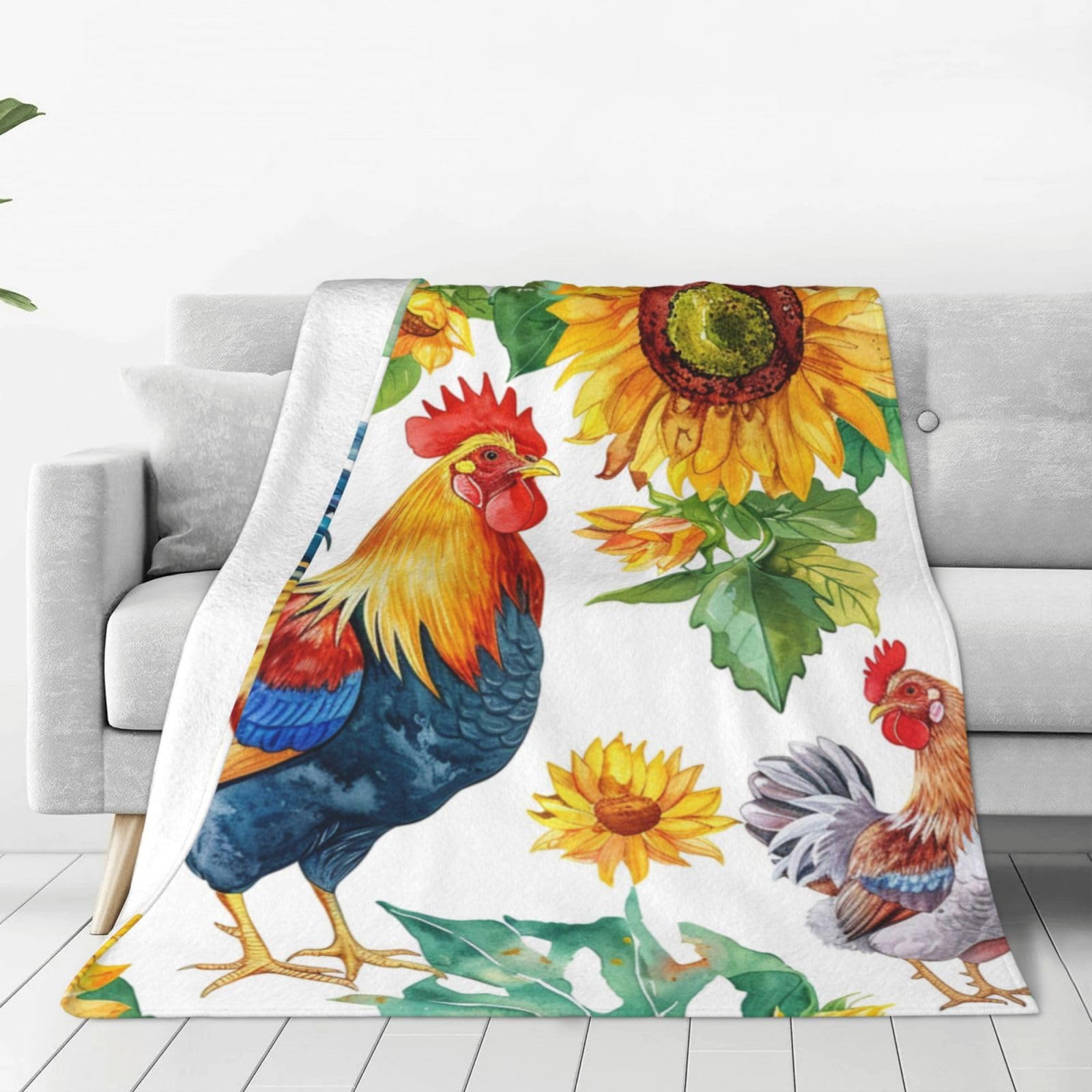 Mexpekil Fleece Throw Blanket Super Soft and Warm Blankets Rooster Farm Watercolor Sunflower Lightweight Fluffy Plush Bed Blanket for Bedding Sofa Chair Camping, All Season Use 50"x40"