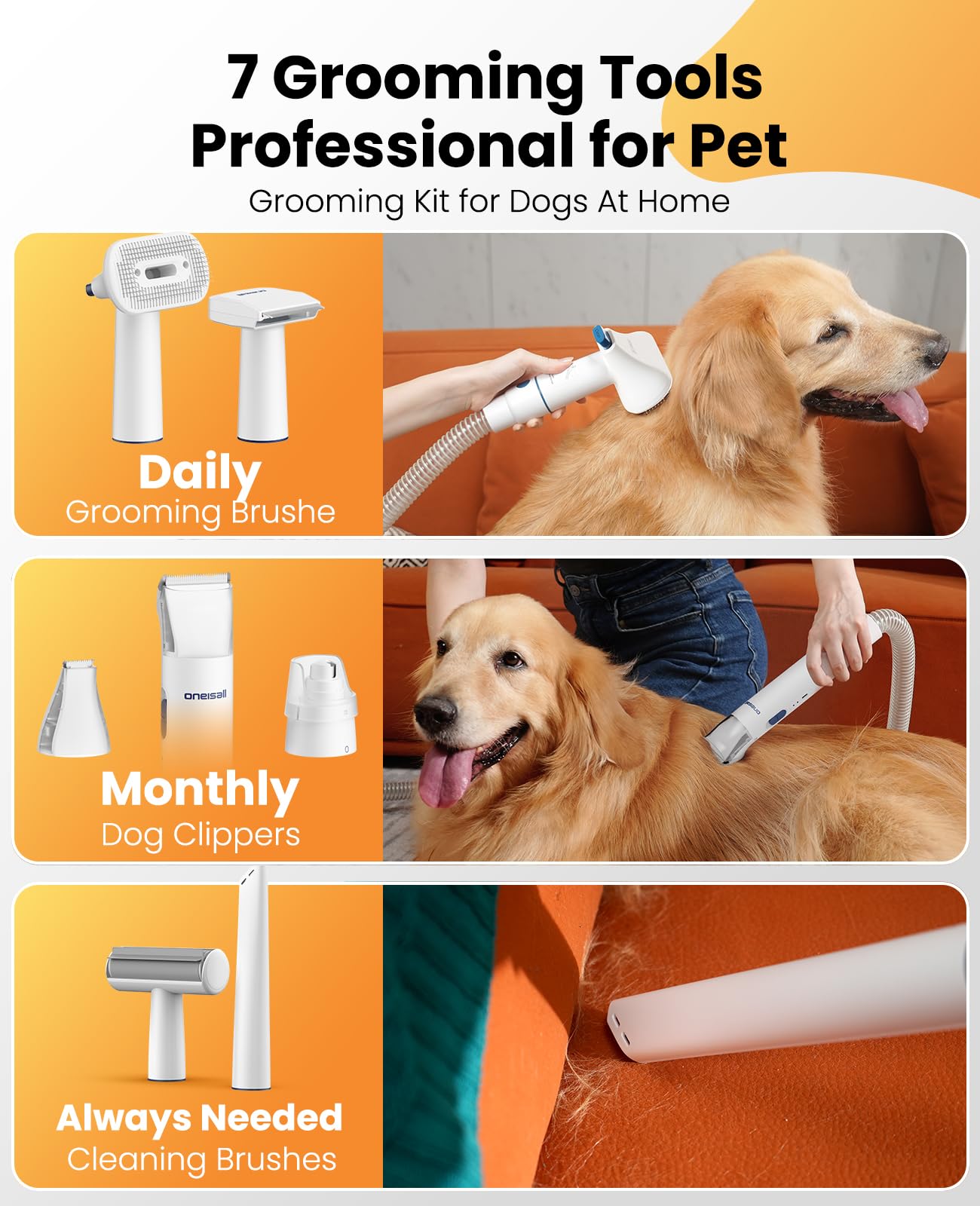 oneisall Dog Grooming Vacuum, 13000Pa Powerful 3L Dust Cup Pet Vacuum with Clipper Nail Grinder & Shedding Brush, 7 in 1 Dog Grooming Kits, Quiet, Large Capacity 3 Suction Levels, BM3 - image 2