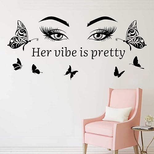 Miniatura 8 de Her Vibe is Pretty - Calcomanías de pared de vinilo (3 hojas), citas inspiradoras negras, calcomanías de pared con ojos de mariposa para mujeres,