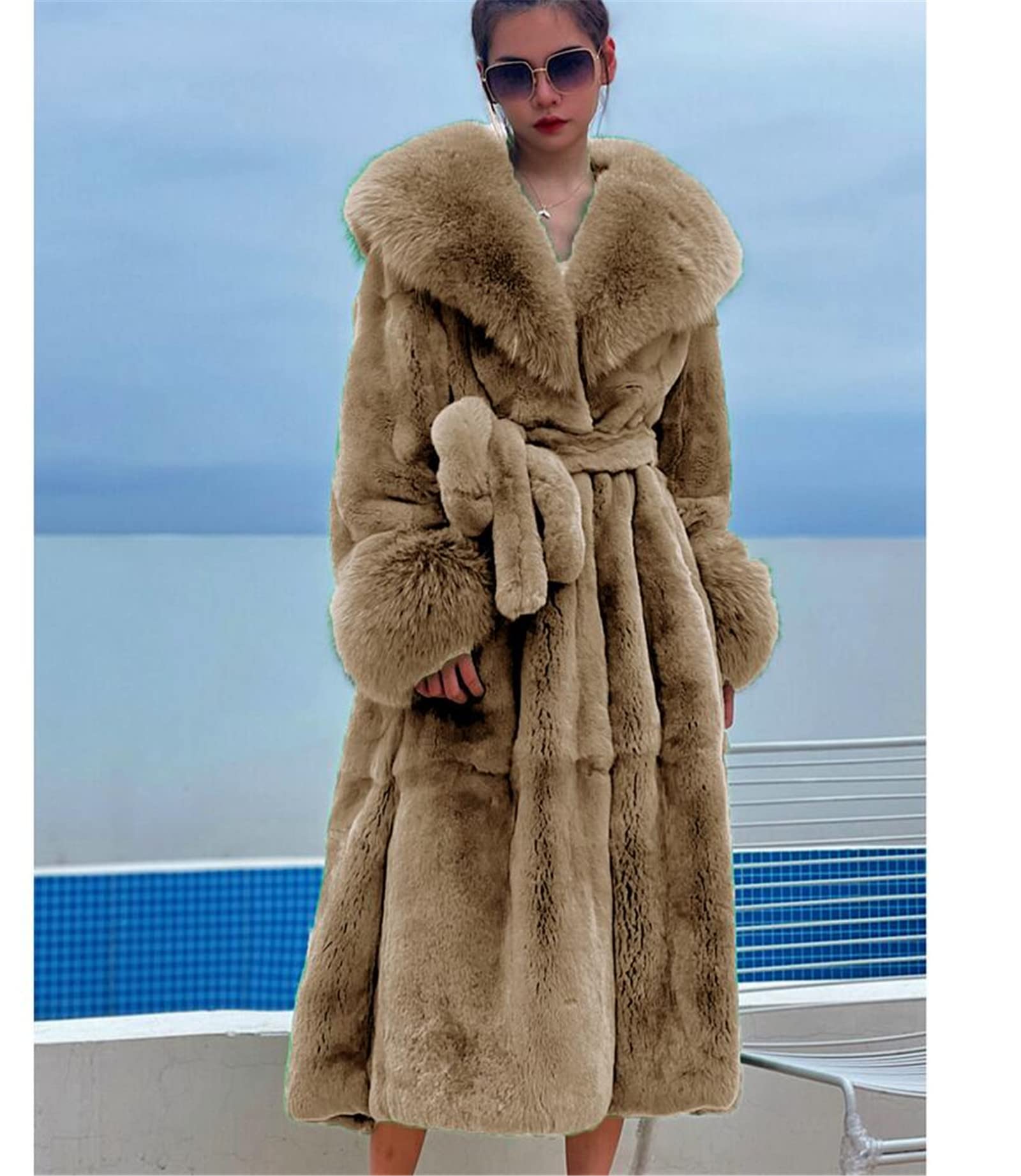 Cappotti Invernali da Donna con Collo in Pelliccia, Cappotto in Pelliccia Sintetica da Donna Cappotto Lungo Capispalla Caldo, Capispalla Larghi e Casual da Donna,Cachi,L