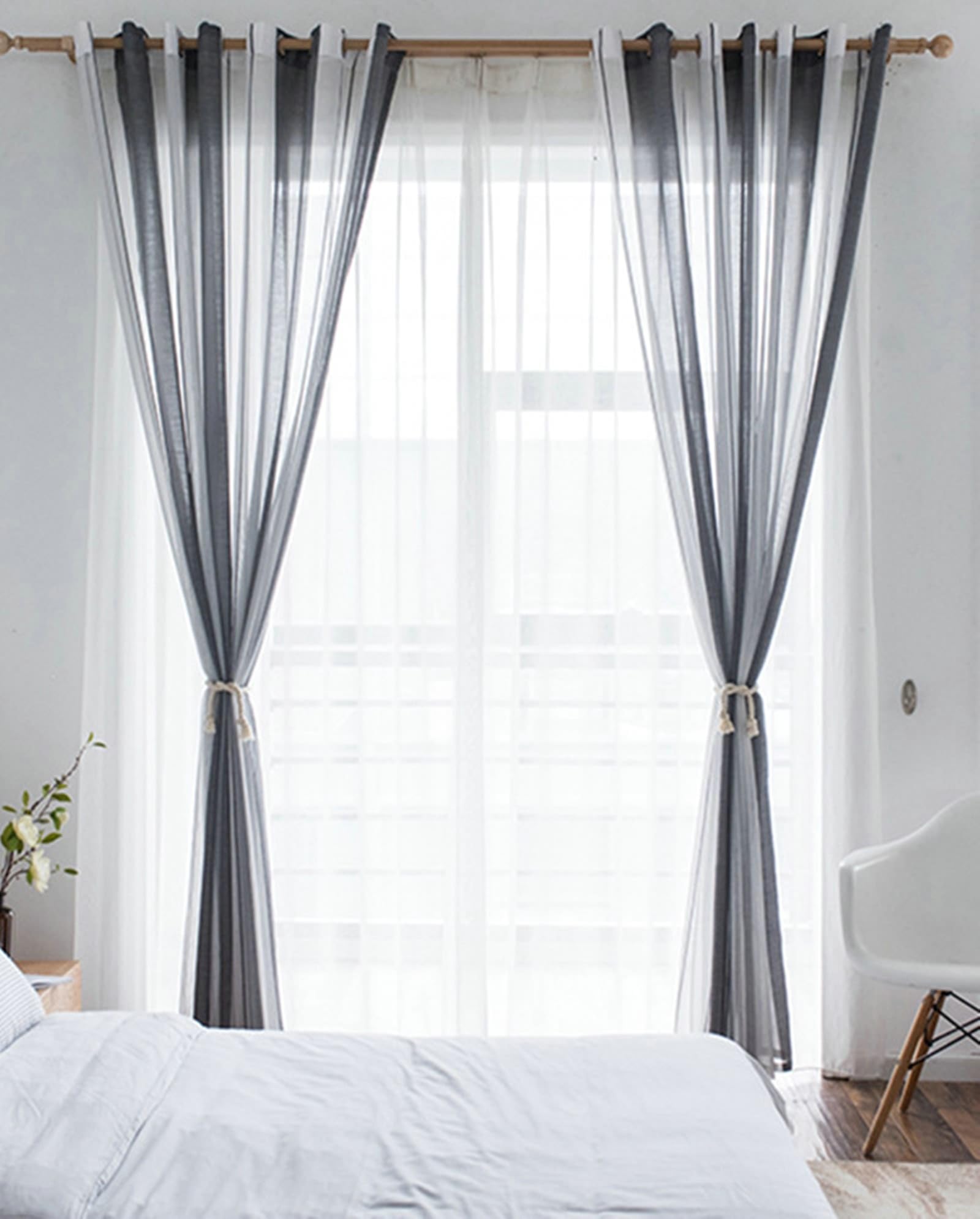 Dunkelgrau Voile Vorhänge 2 Stück Polyester, Fenster Kurz Vorhänge Transparent 160 cm Lang mit Ösen Moderne Elegant für Schlafzimmer, H160 x B96 cm