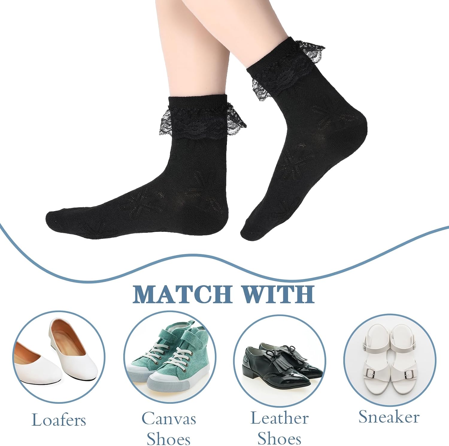 Tyqour 2pairs Ruffle Socks for Women Turn-Cuff Lace Frilly Ankle Comfortable Cotton Princess Socks (White Black)