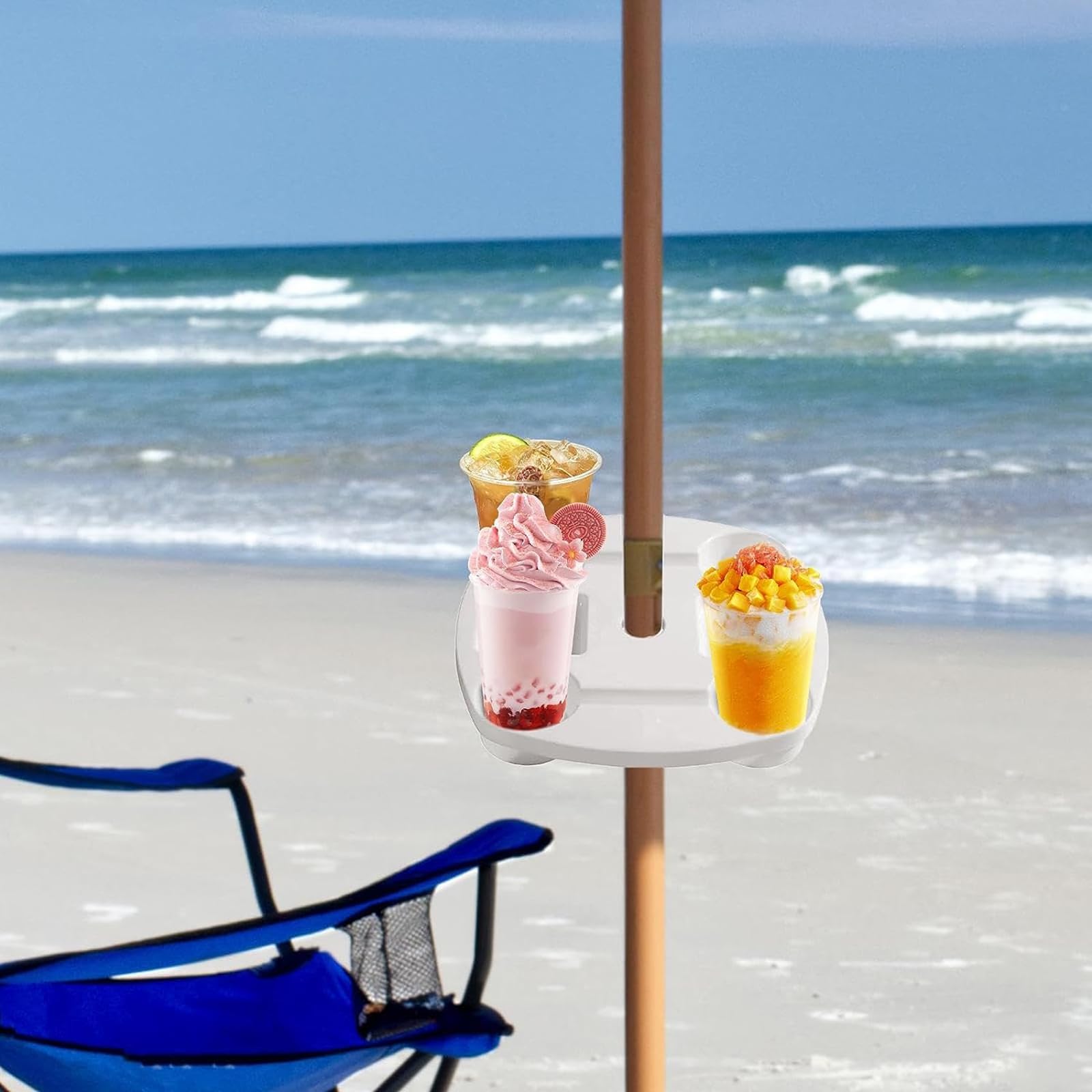 Przenośny stolik na parasol plażowy z uchwytami na kubki, lekka taca na kemping, stojak na napoje, idealny do aktywności na świeżym powietrzu i pikników