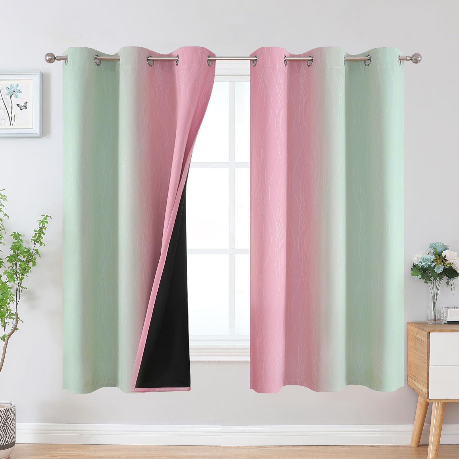 Estelar Textiler Pink and Sage Green Blackout Curtains &amp; Drapes for Bedroom, Thermal Insulated Ombre Blackout Drapes, Room Darkening Energy Saving Curtains for Living Room, 42Wx63L, 2 Panels