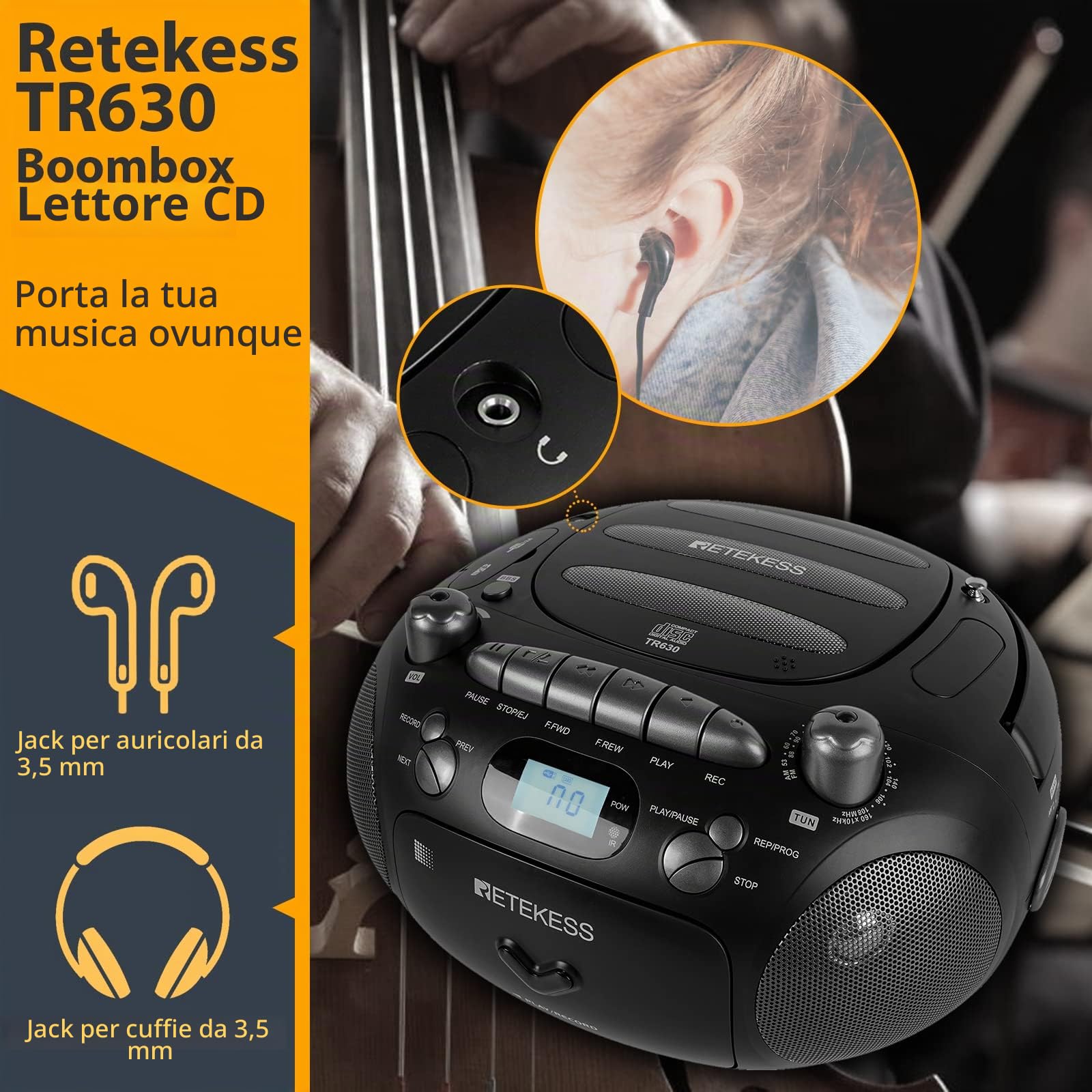 Retekess TR630 Lettore CD, Lettore Cassette | per Intrattenimento Domestico, Famiglia, FM/AM, Boombox Stereo, USB/TF, LCD con Retroilluminazione