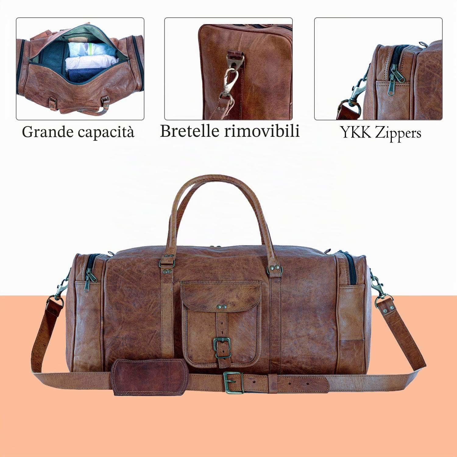 KPL - Borsone in pelle, grande, quadrato, da viaggio, palestra, sport, pernottamento, weekender, borsa in pelle per uomini e donne, Marrone, 21 Inch
