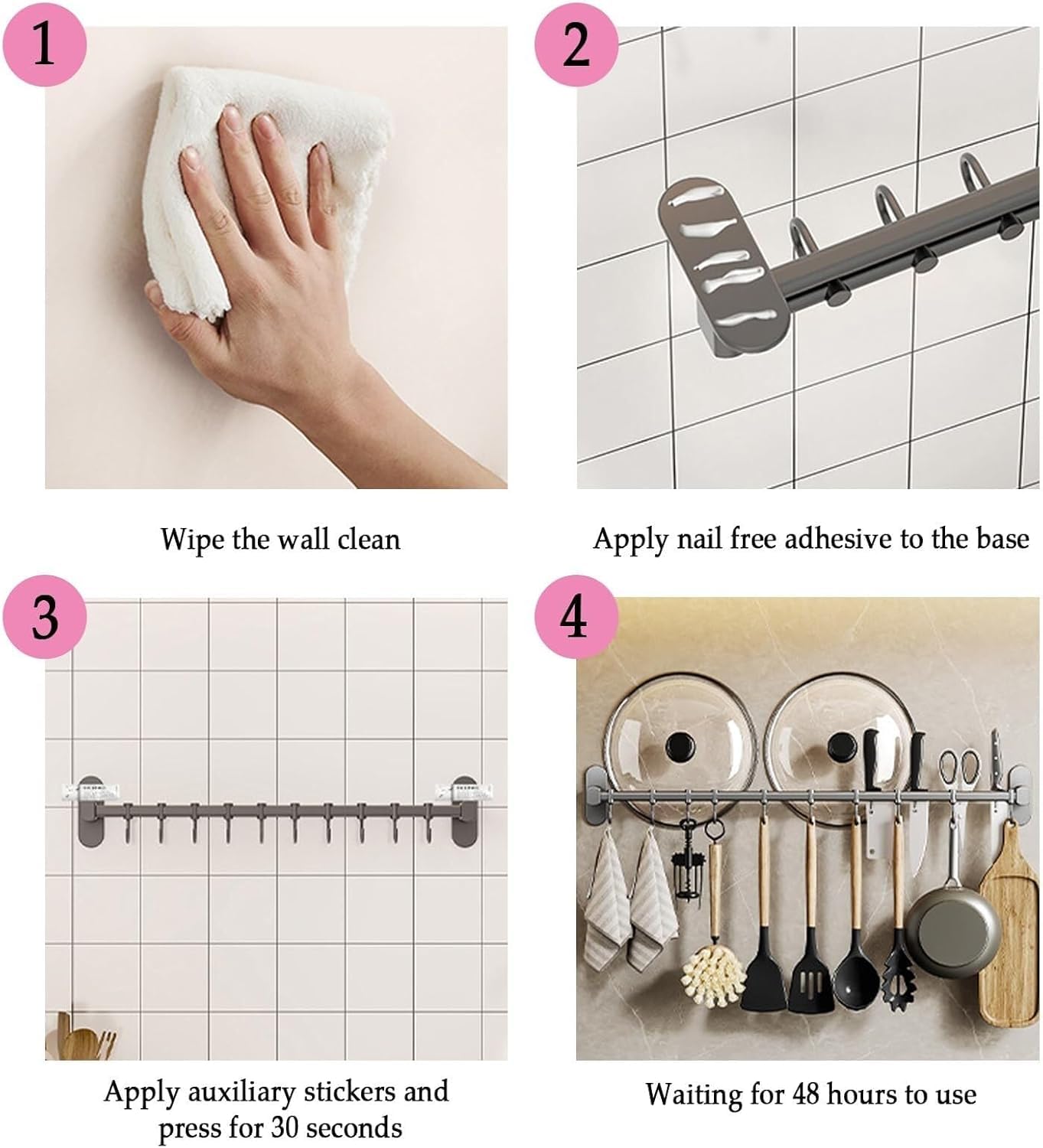 Ganci da Cucina Barra da Cucina con Ganci Portautensili Ganci da Cucina A Parete per Utensili, White, 50cm