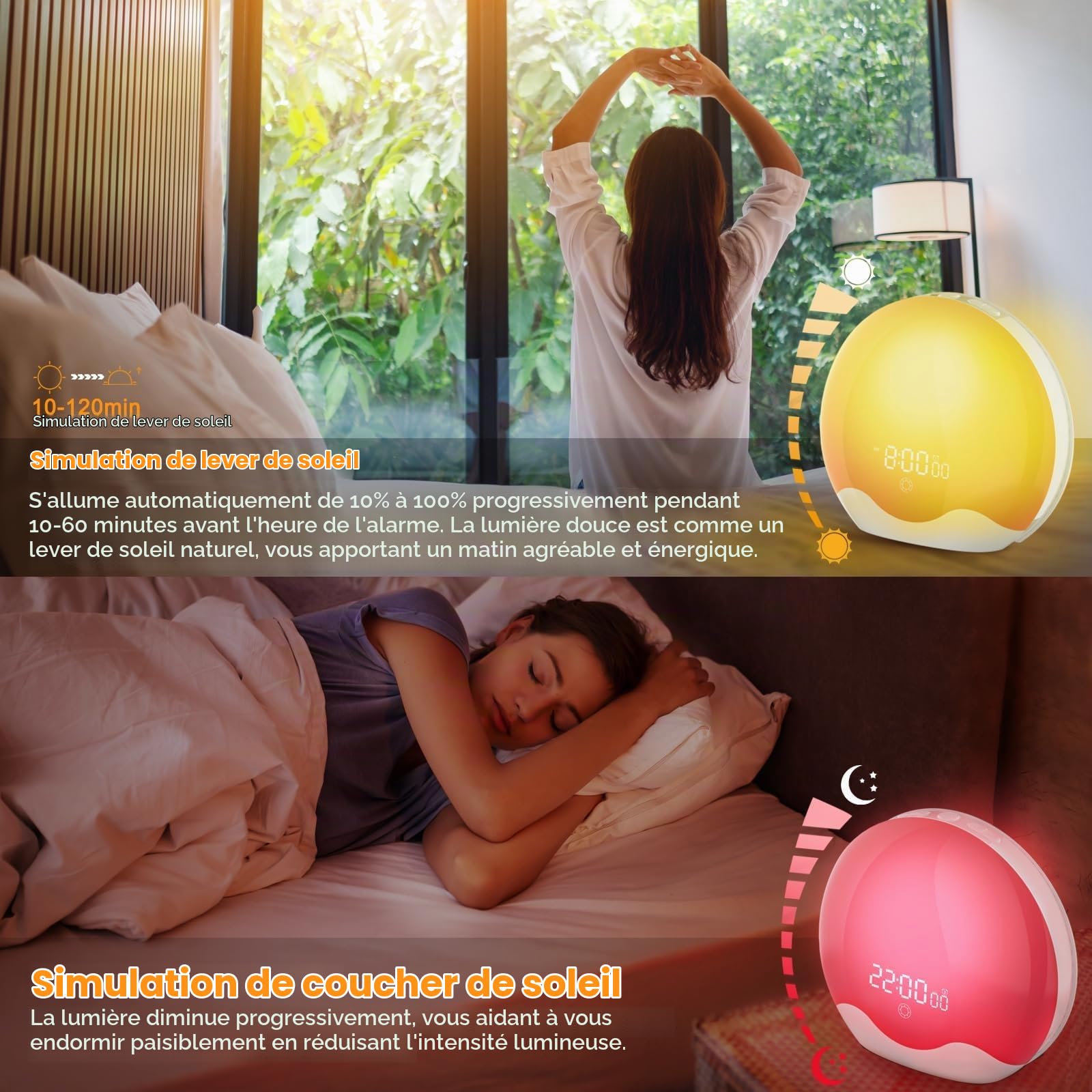 Réveil lumineux à lumière du jour, simulation de lever et coucher de soleil, radio FM, 5 sons de la nature, 2 alarmes, snooze, 12 couleurs de lumière, 20 niveaux de luminosité, lampe de