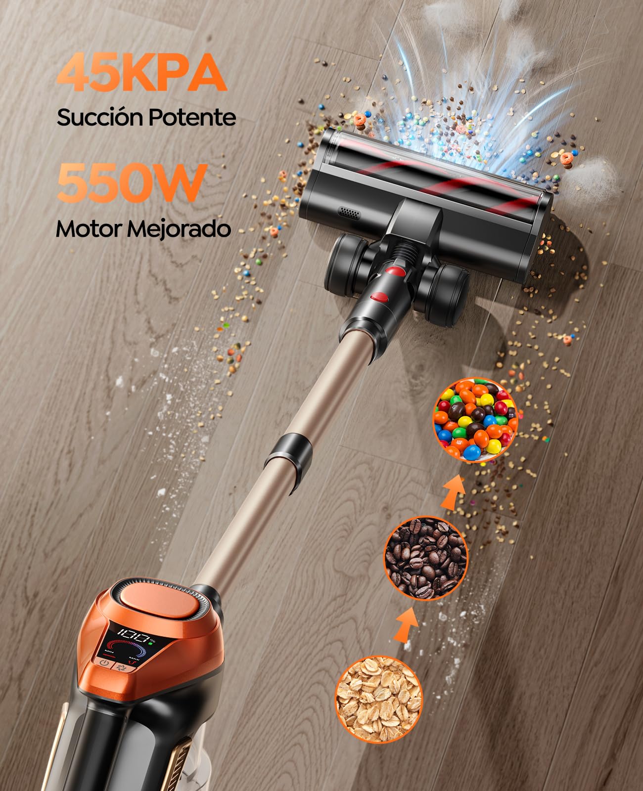 Aspiradora sin Cable 45KPA/550W/60Mins Potente Aspiradora Escoba Vertical Antienredo Aspirador Escoba sin Cable con 1,5L Gran Capacidad Aspiradora Inalámbrica para Suelo/Alfombra/Pelo de Mascota