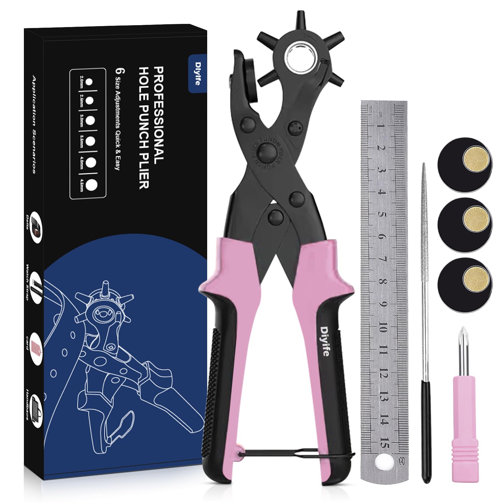 Diyife Leather Hole Puncher, Revolving Punch Plier, 6 Size Adjustment, Pink