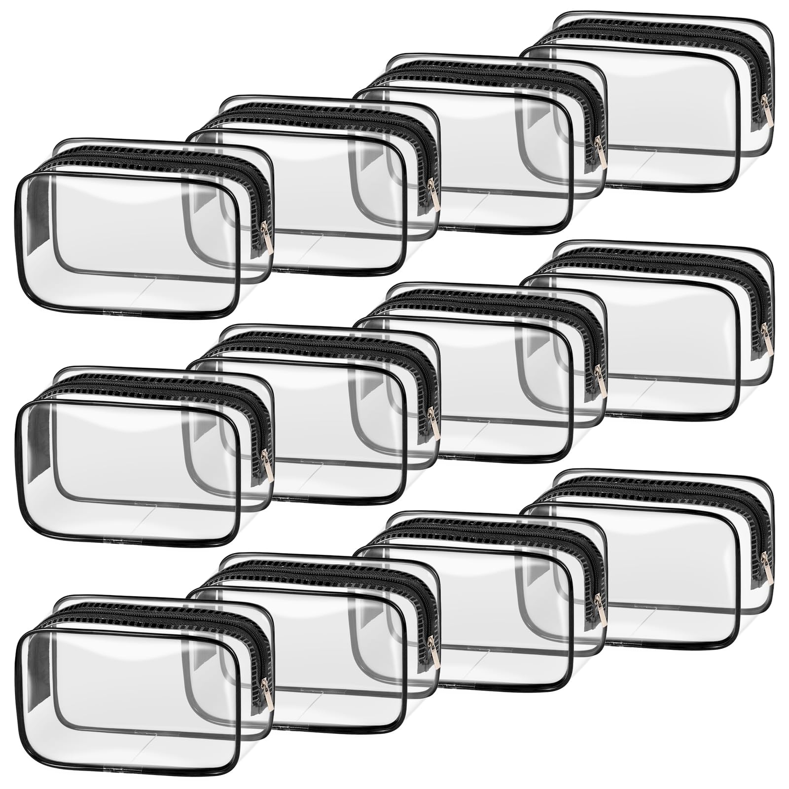 TISRATOK 12 PCS Clear Makeup Bag for Women with Zipper, TSA Approved Toiletry Pouch, Cosmetic Bag Bulk for Travel Organizer Essentials - Black,Small