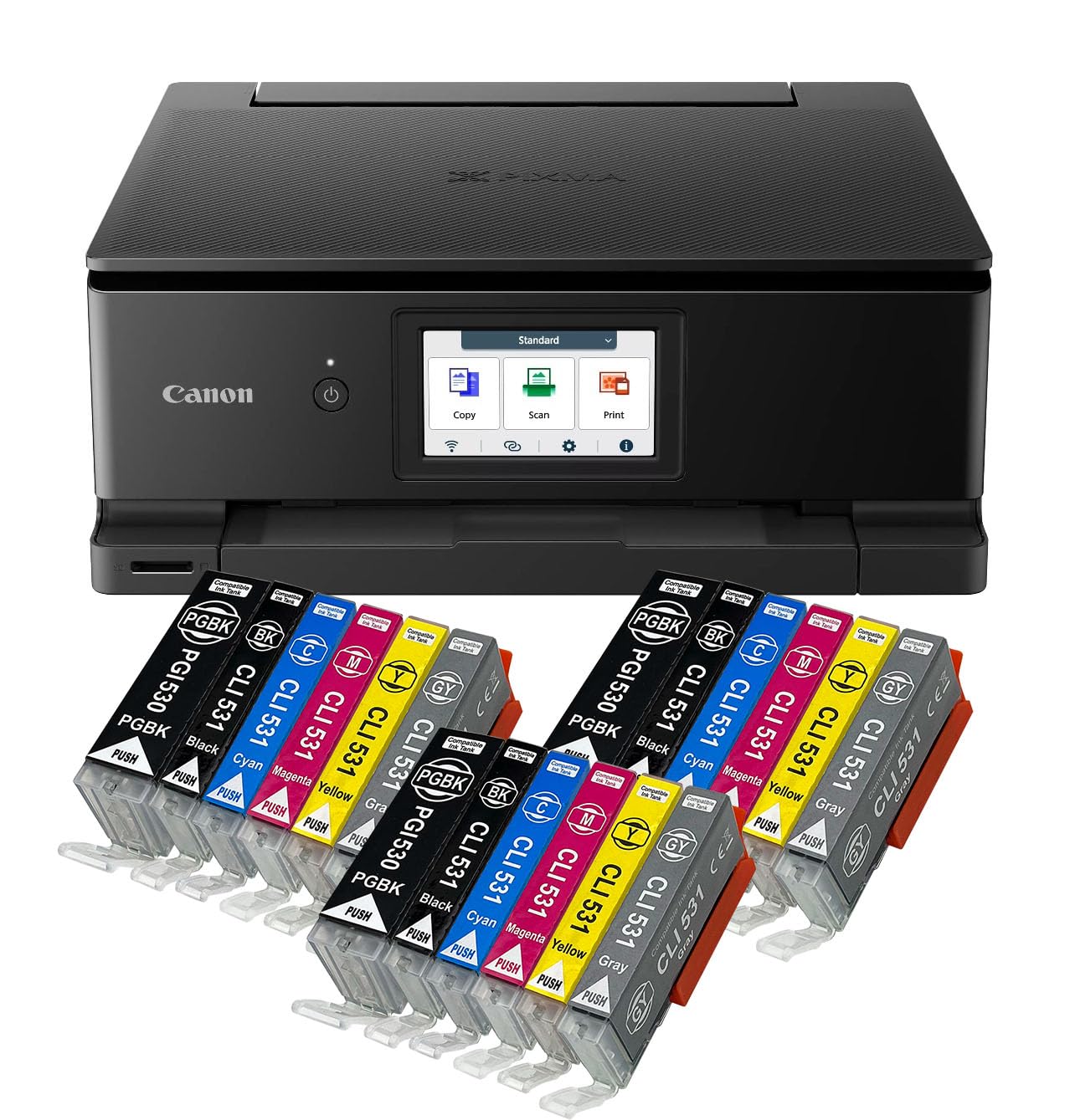IC-Office TS8750 - Impresora multifunción de inyección de tinta 3 en 1 (impresión, copia, escaneo, tarjeta SD, dúplex, Wi-Fi, AirPrint) negro + 18 cartuchos de tinta XXL