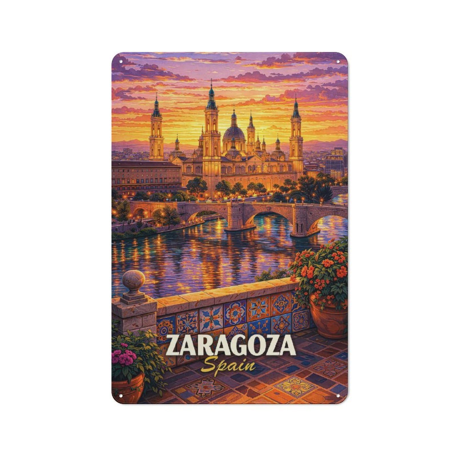 Junmoney Style-20 Zaragoza Spain Cityscape At Sunset Workshop Style Metal Wall Decor 30X20cm, Garage Metal Sign For Workshop, Basement, Shed Or Games Room