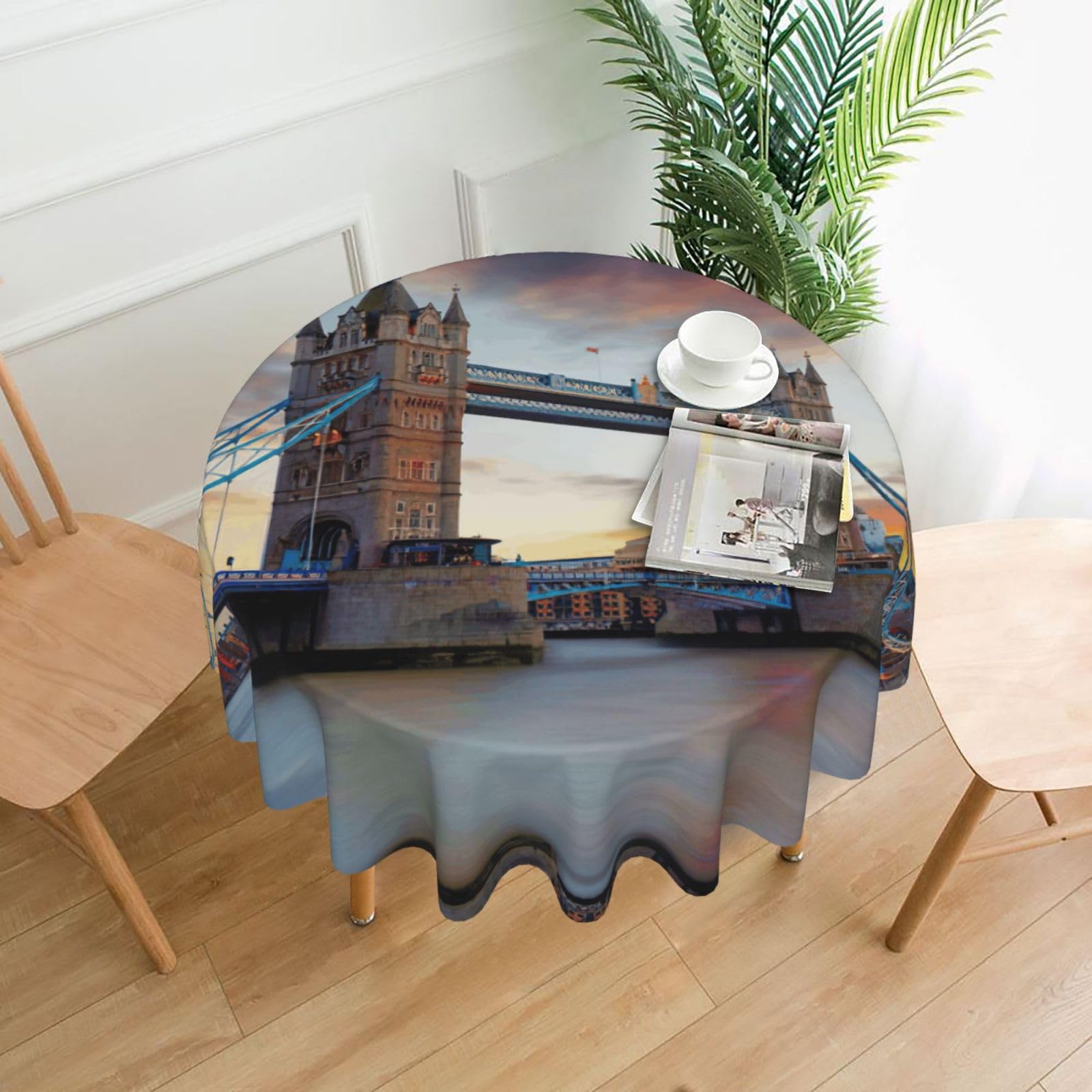 Zcmkjlg Historic Old Tower Bridge London Print Quick Ship Round Tablecloth 60in Polyester Washable Cover for Dining Room