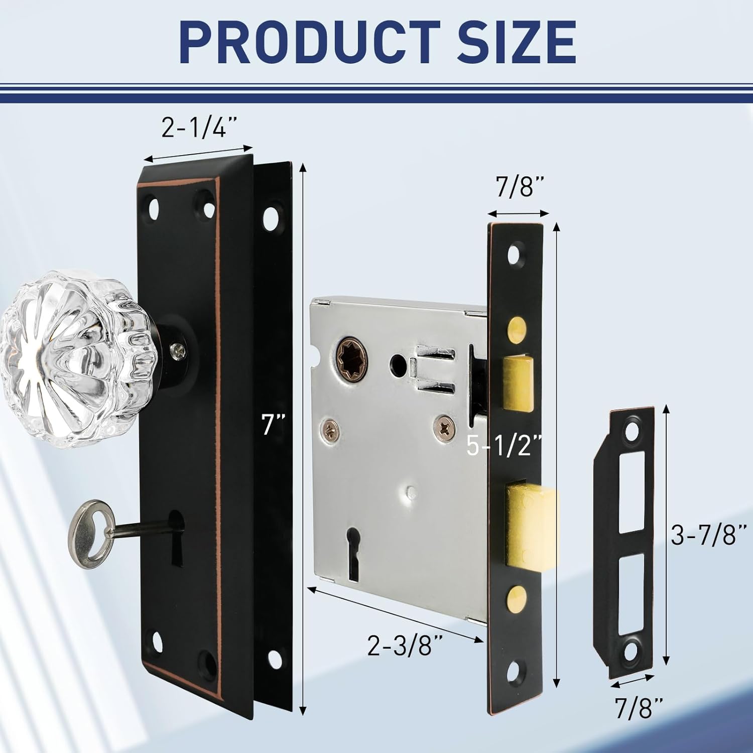 Mortise Lock Set for Interior Door - Antique Brass Vintage Door Knob with Skeleton Key & Crystal Glass Handle, Replacement Hardware Fits 1-3 to 1-3/4 in Doors (Crystal Ball, Black)